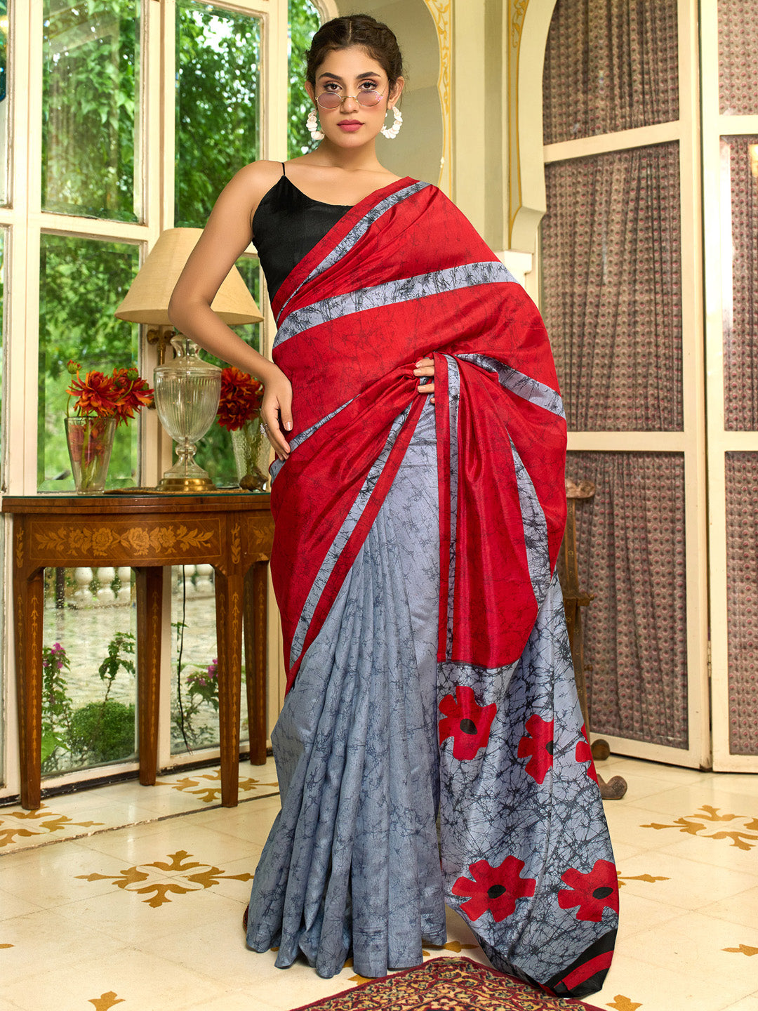 Bhagalpuri Silk Black Printed Designer Saree With Blouse