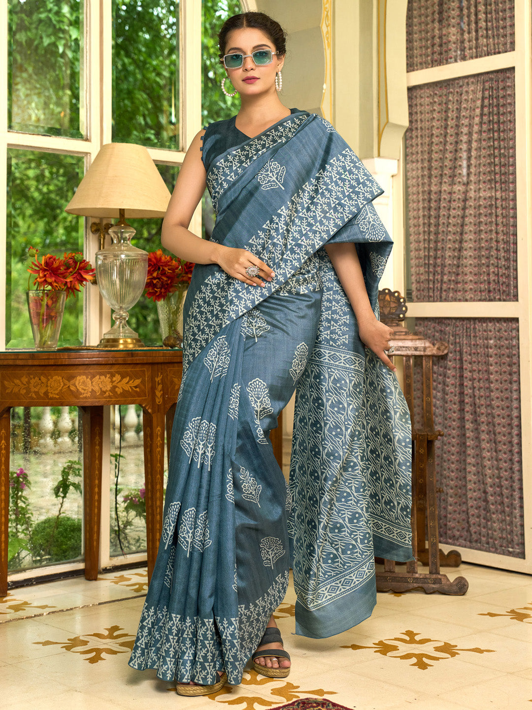 Bhagalpuri Silk Grey Printed Designer Saree With Blouse