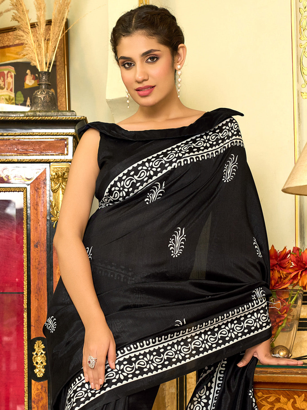 Bhagalpuri Silk Black Printed Designer Saree With Blouse