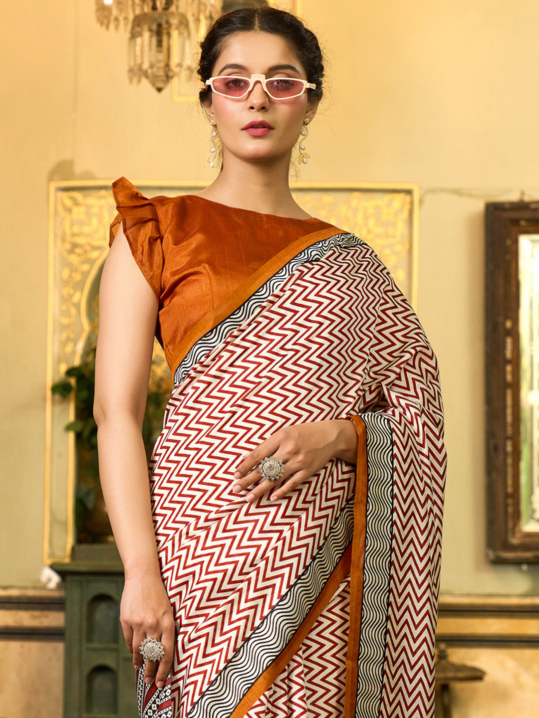 Bhagalpuri Silk Camel Brown Printed Designer Saree With Blouse