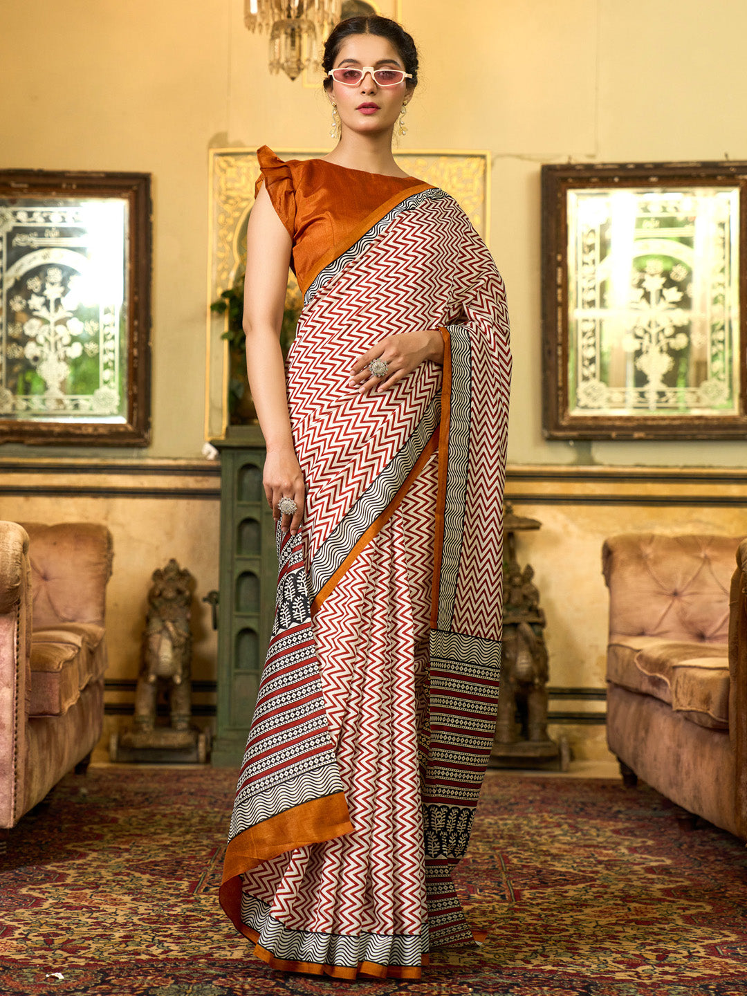 Bhagalpuri Silk Camel Brown Printed Designer Saree With Blouse