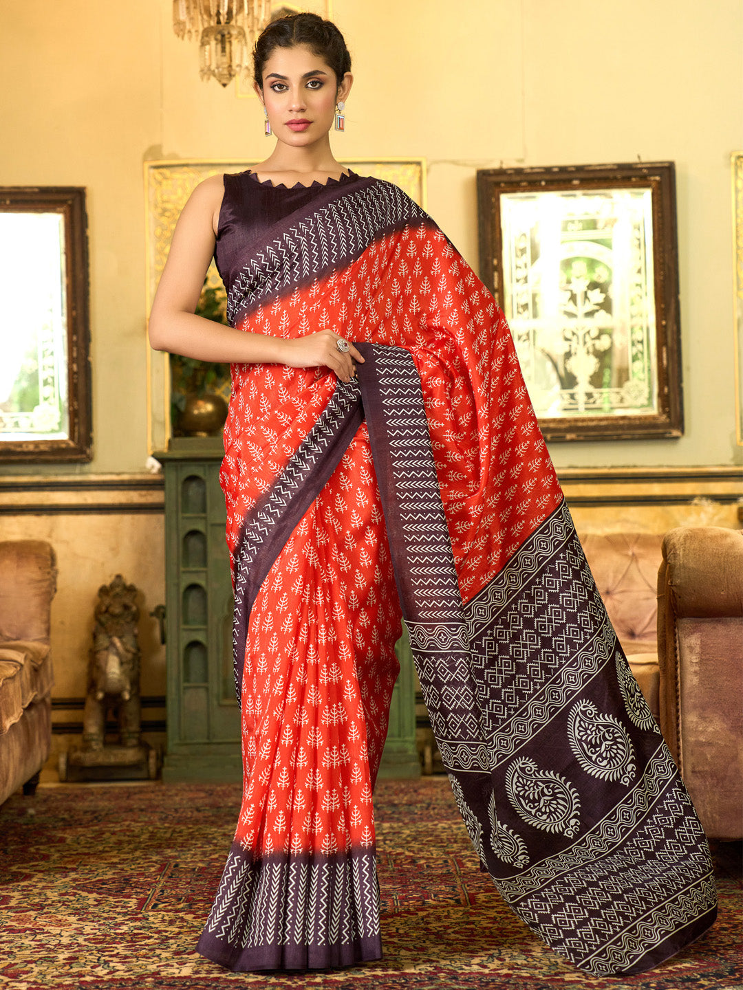 Bhagalpuri Silk Black Printed Designer Saree With Blouse