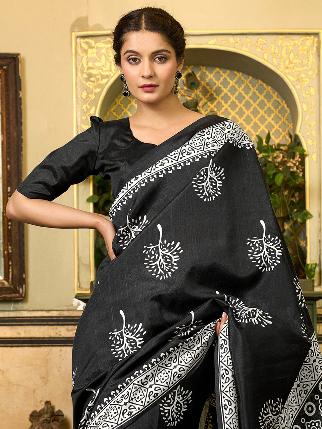 Bhagalpuri Silk Black Printed Designer Saree With Blouse