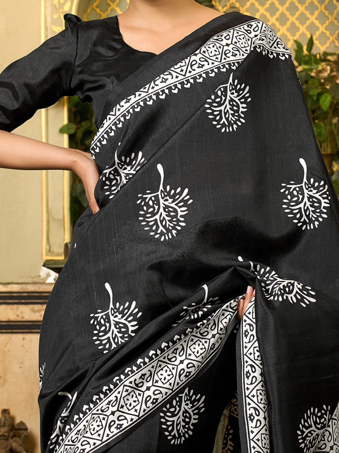 Bhagalpuri Silk Black Printed Designer Saree With Blouse