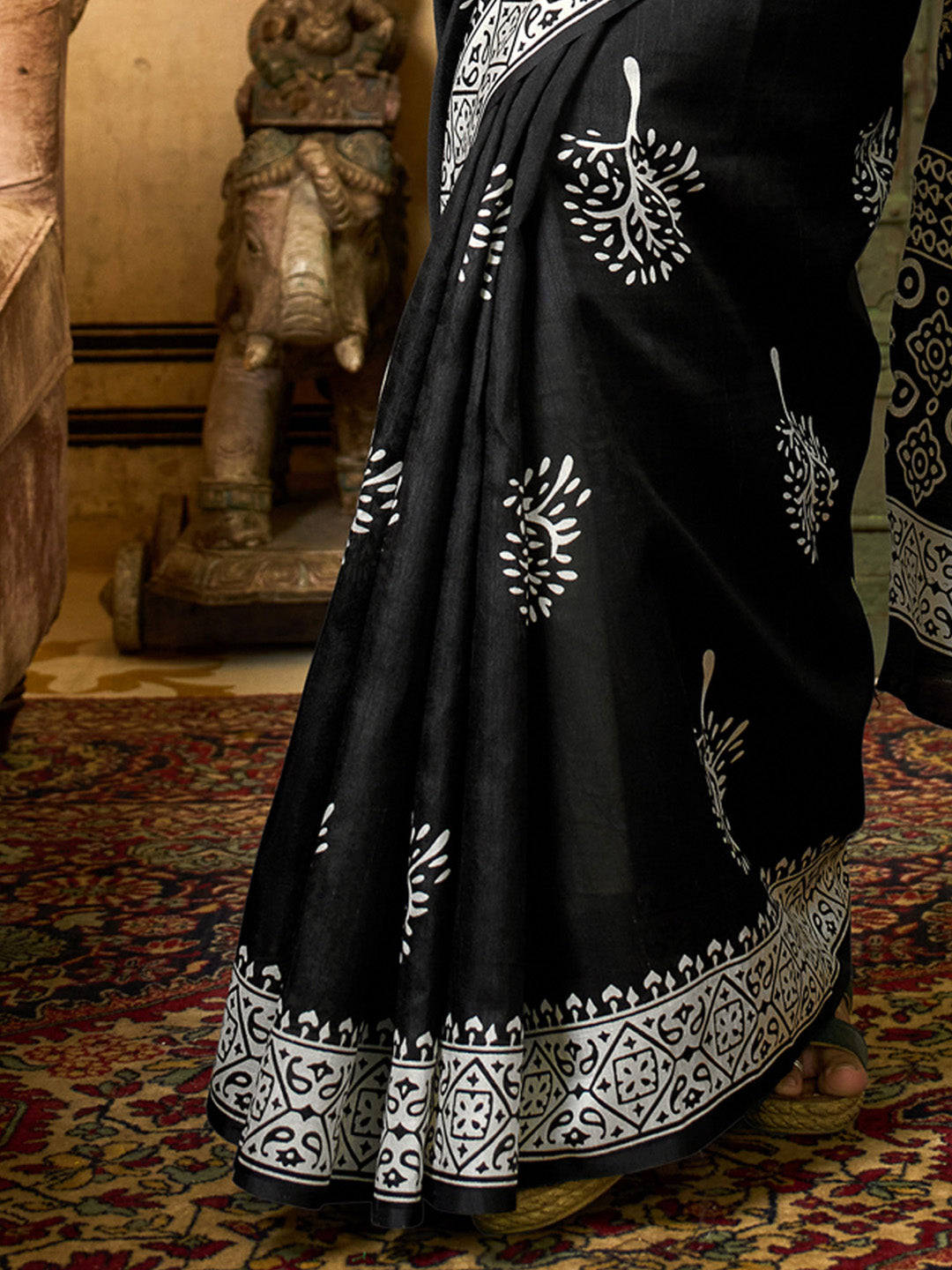 Bhagalpuri Silk Black Printed Designer Saree With Blouse