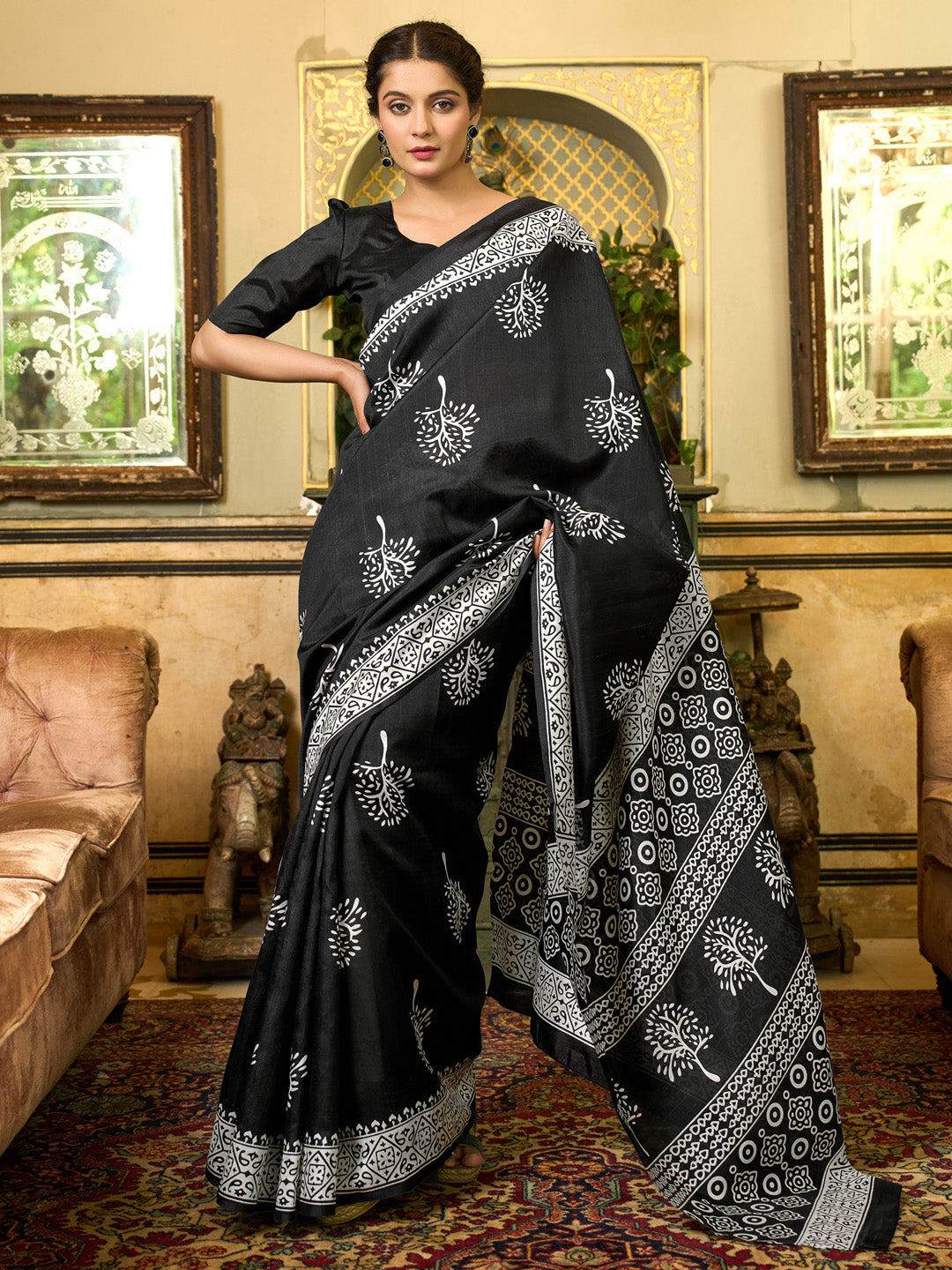 Bhagalpuri Silk Black Printed Designer Saree With Blouse