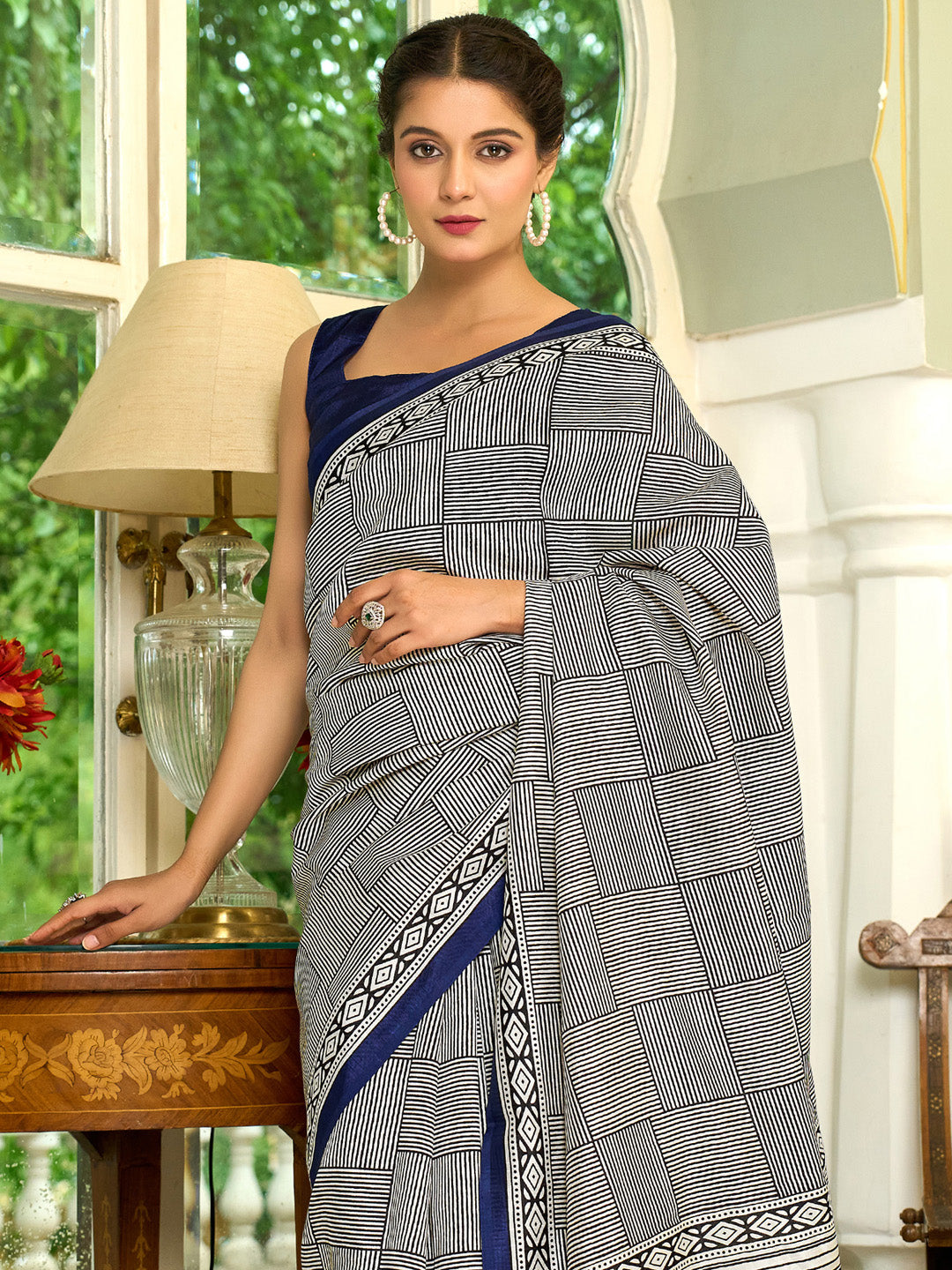 Bhagalpuri Silk Navy Blue Printed Designer Saree With Blouse