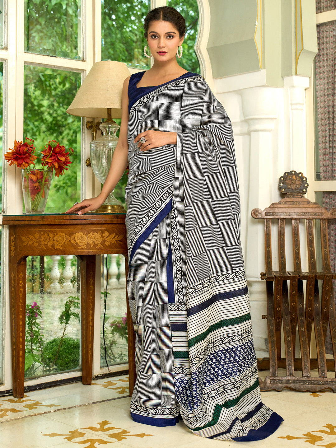 Bhagalpuri Silk Navy Blue Printed Designer Saree With Blouse