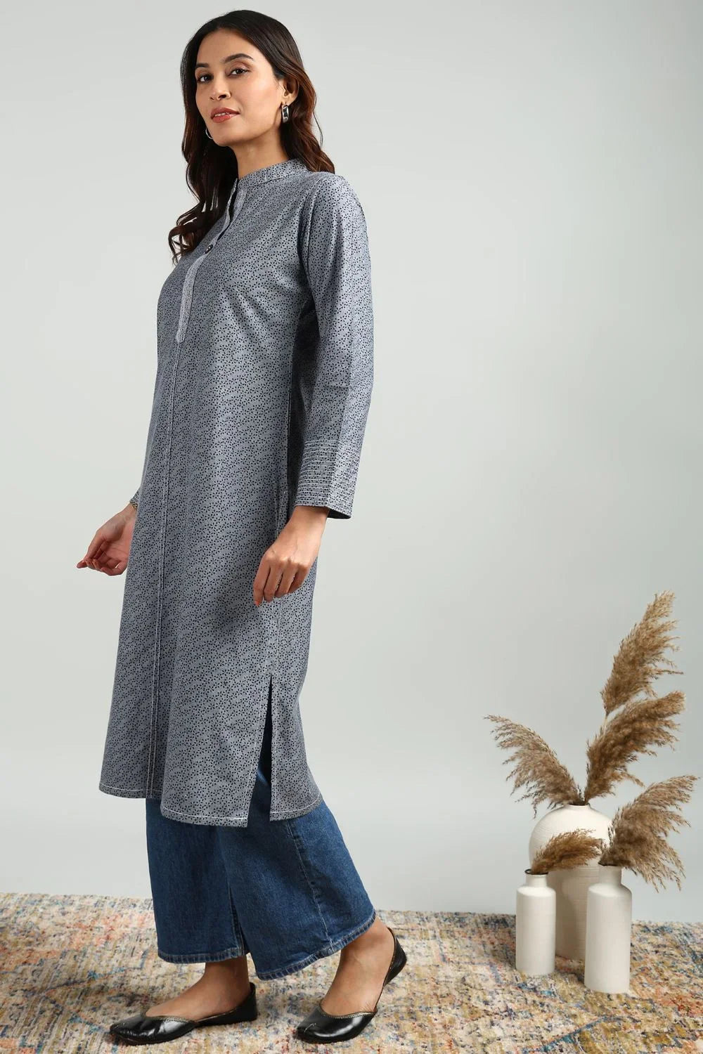 Grey Denim Printed Kurta