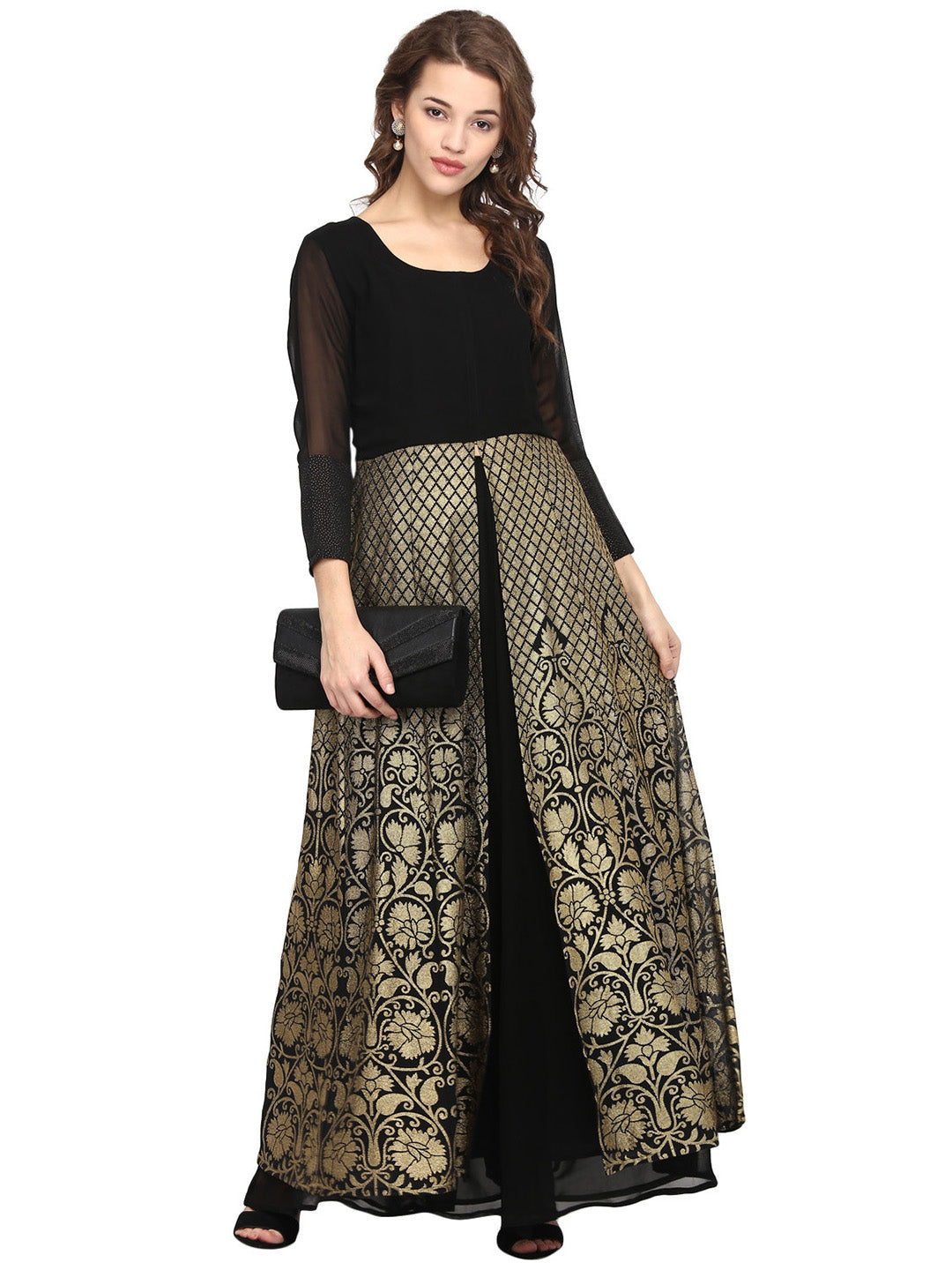 Black & Golden Foil Print A-Line Kurta