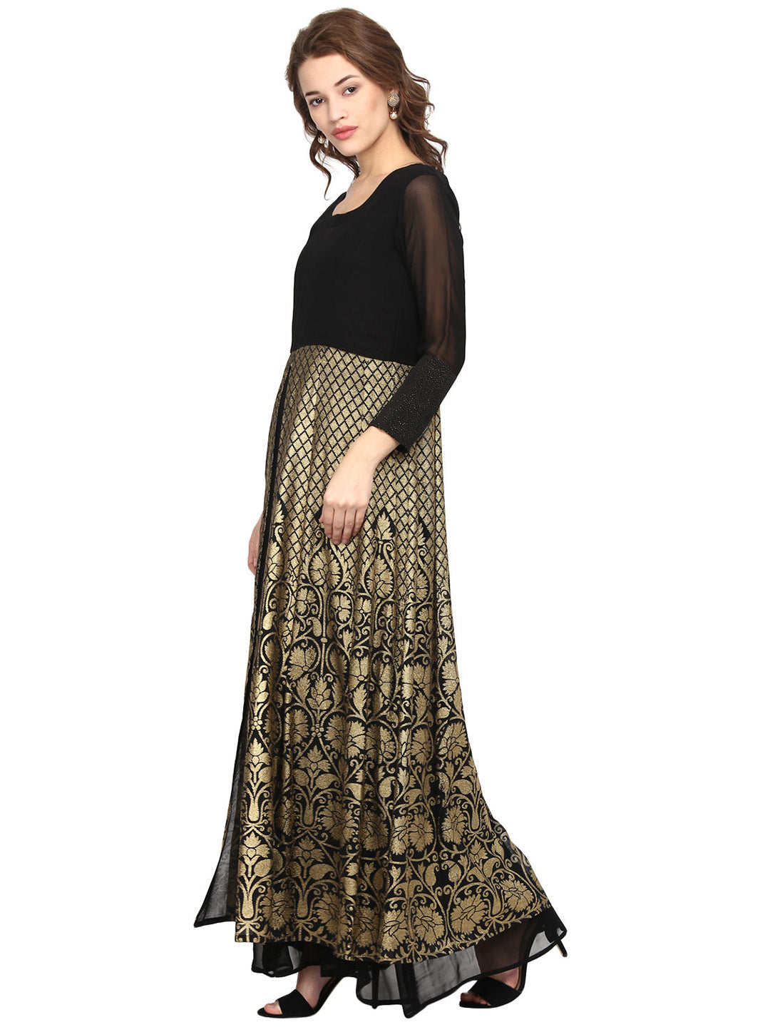 Black & Golden Foil Print A-Line Kurta