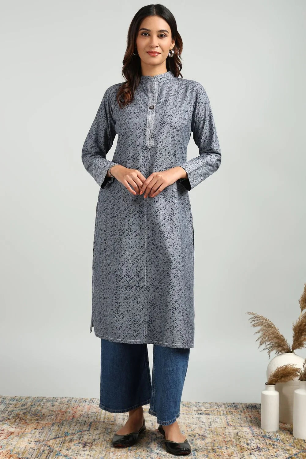 Grey Denim Printed Kurta