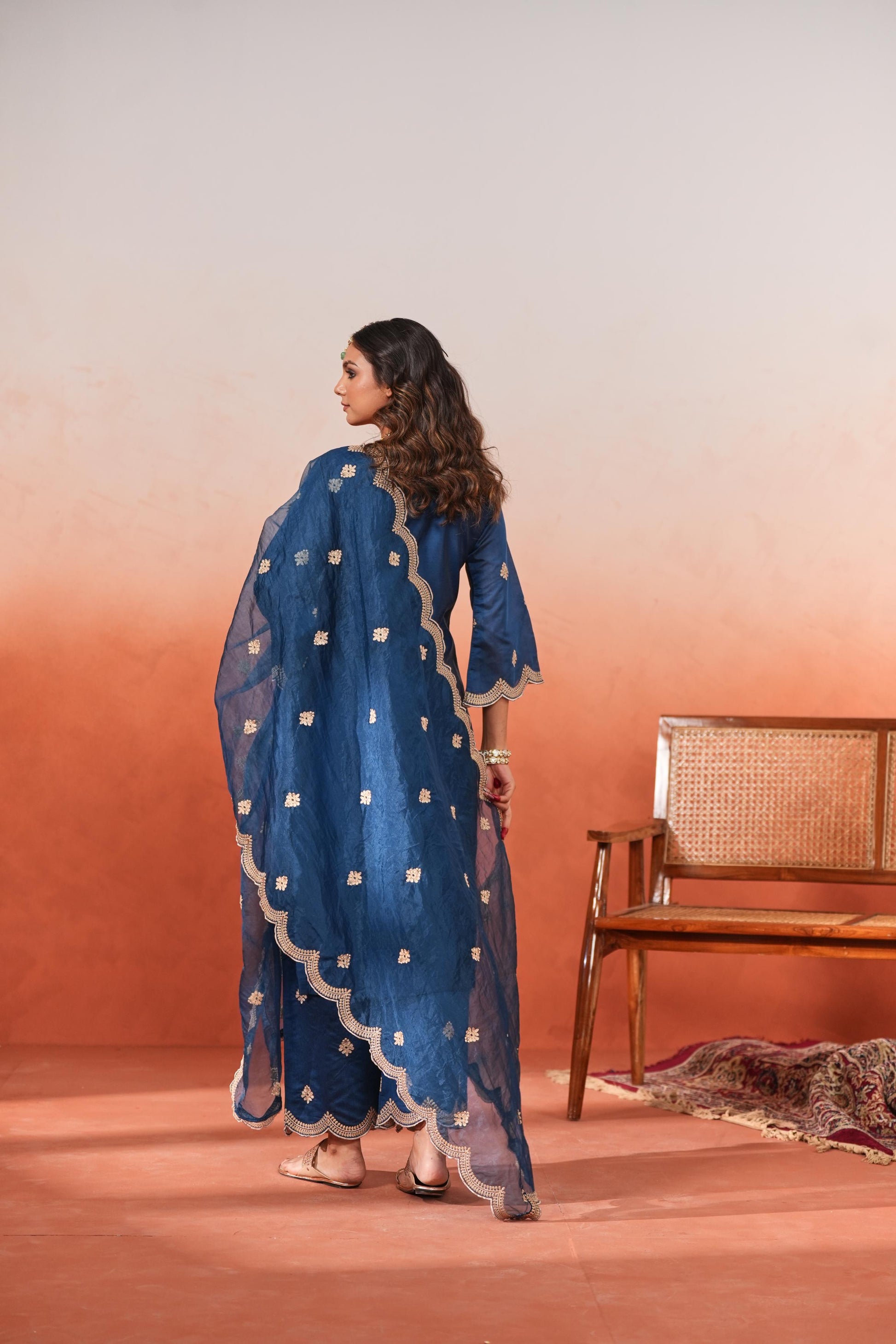 Gul- Blue Embroidered Chanderi Suit Set- NV