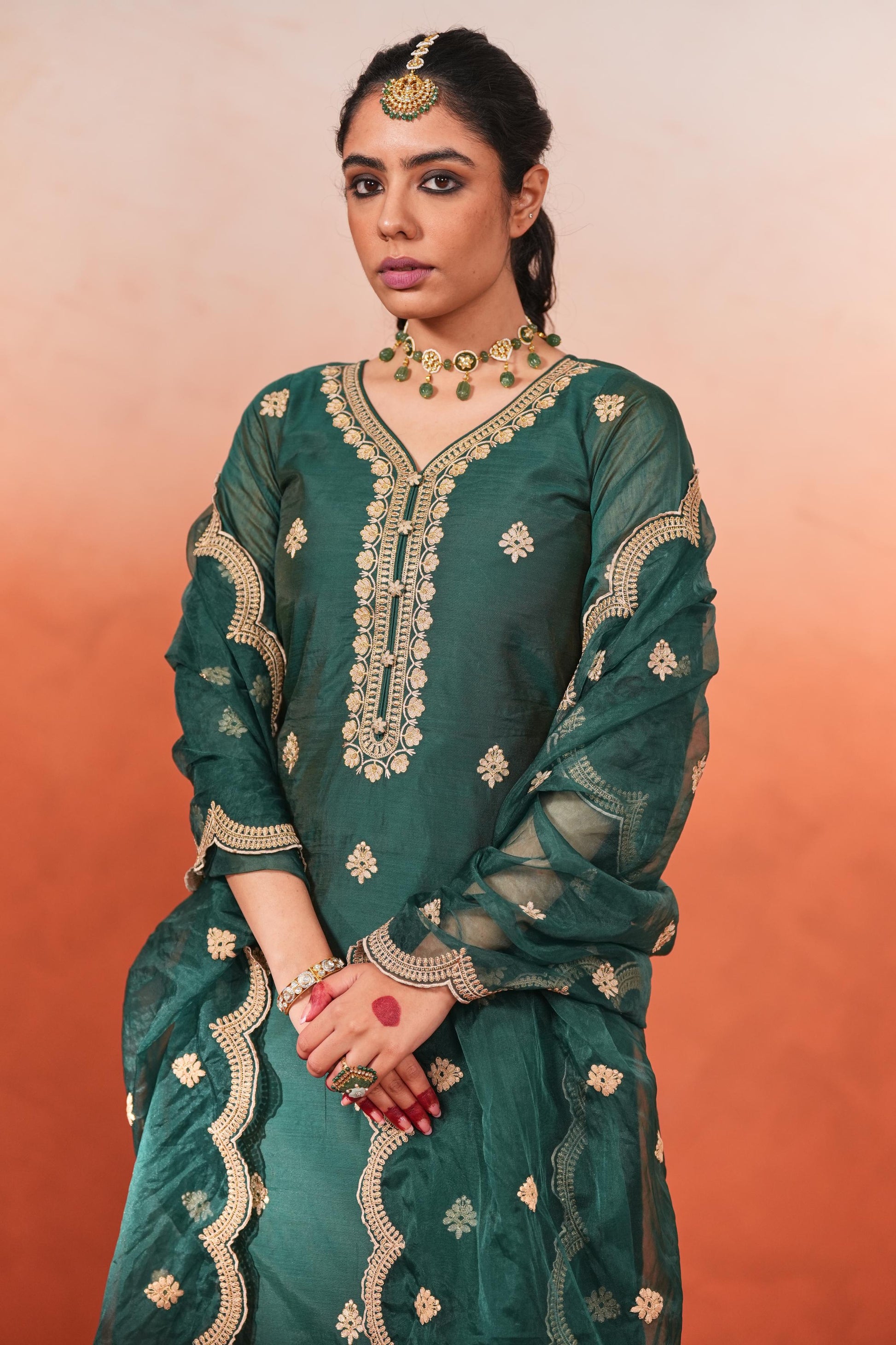 Taazgi - Green Embroidered Chanderi Suit Set- NV