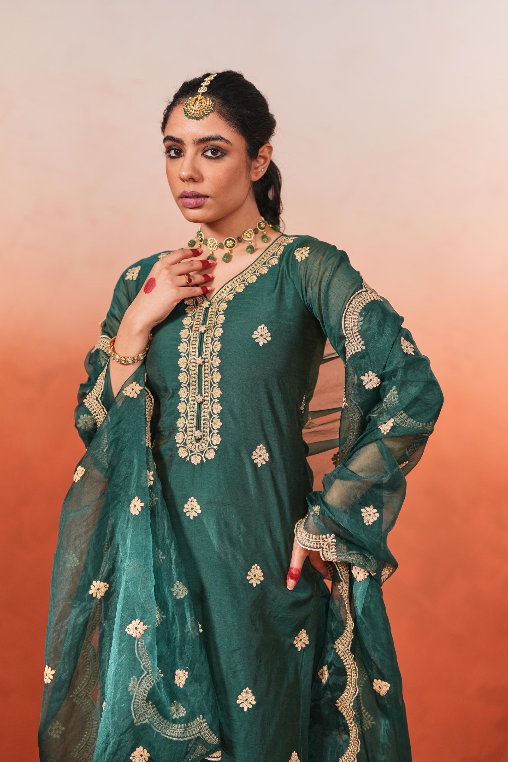 Taazgi - Green Embroidered Chanderi Suit Set- NV
