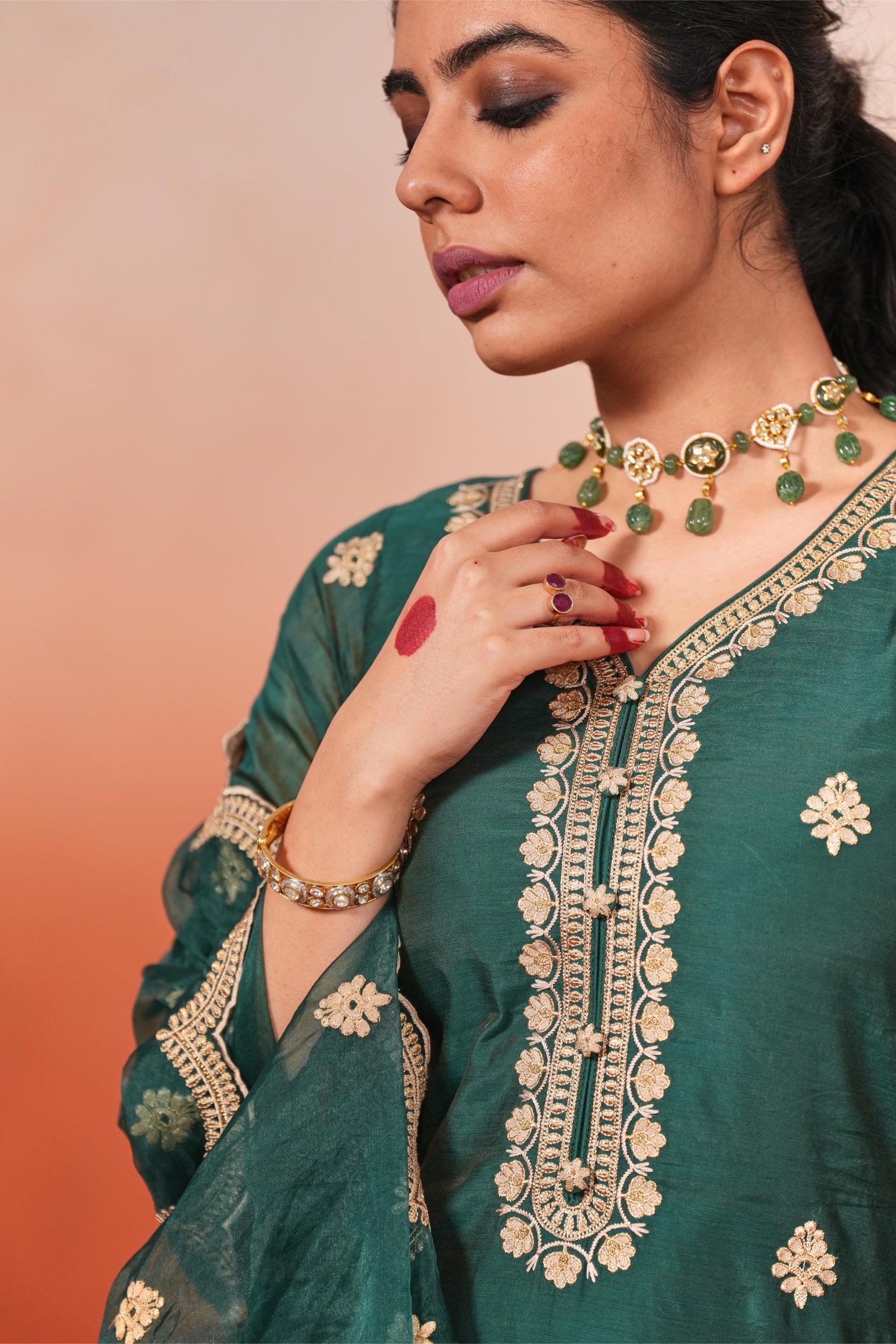 Taazgi - Green Embroidered Chanderi Suit Set- NV