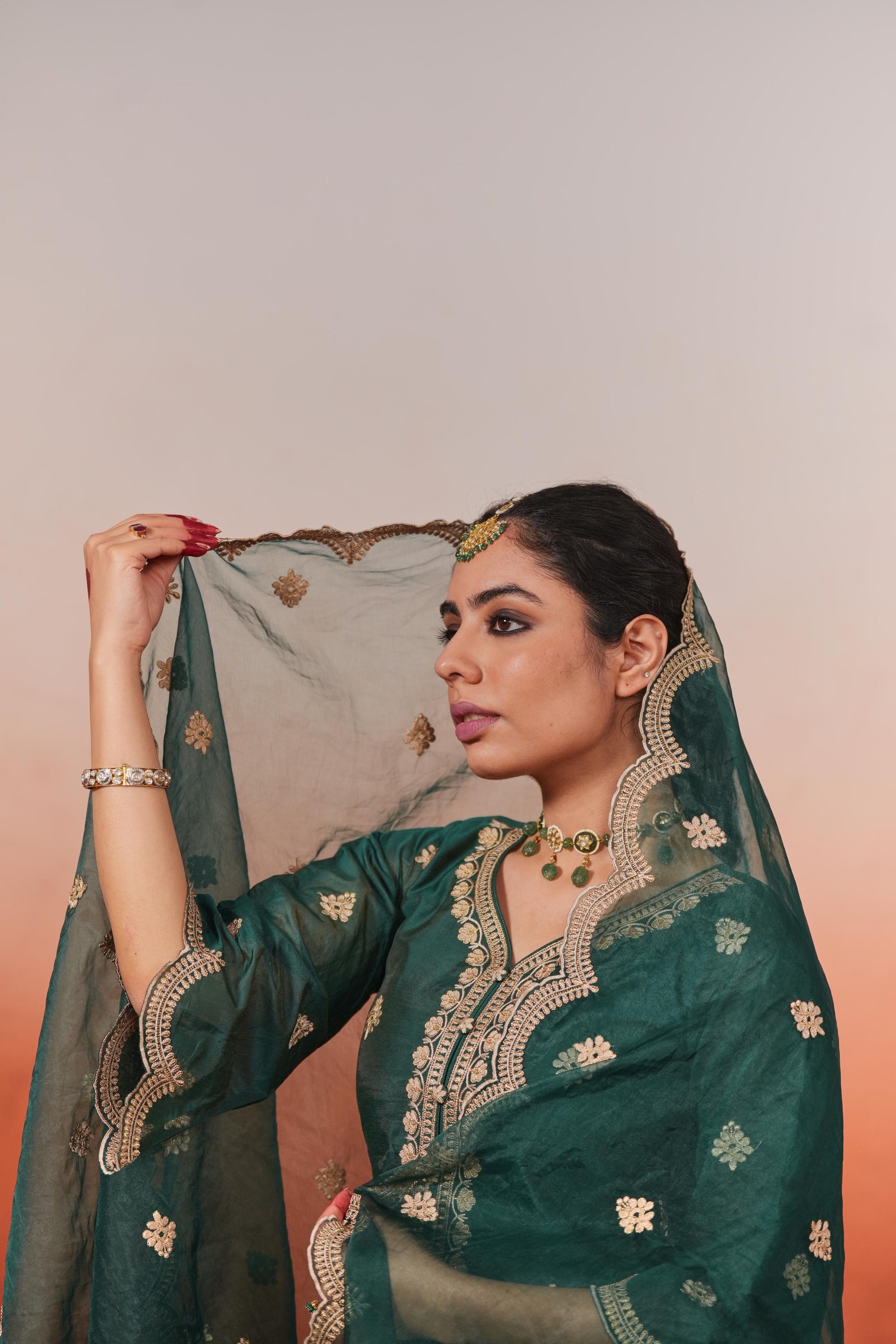Taazgi - Green Embroidered Chanderi Suit Set- NV