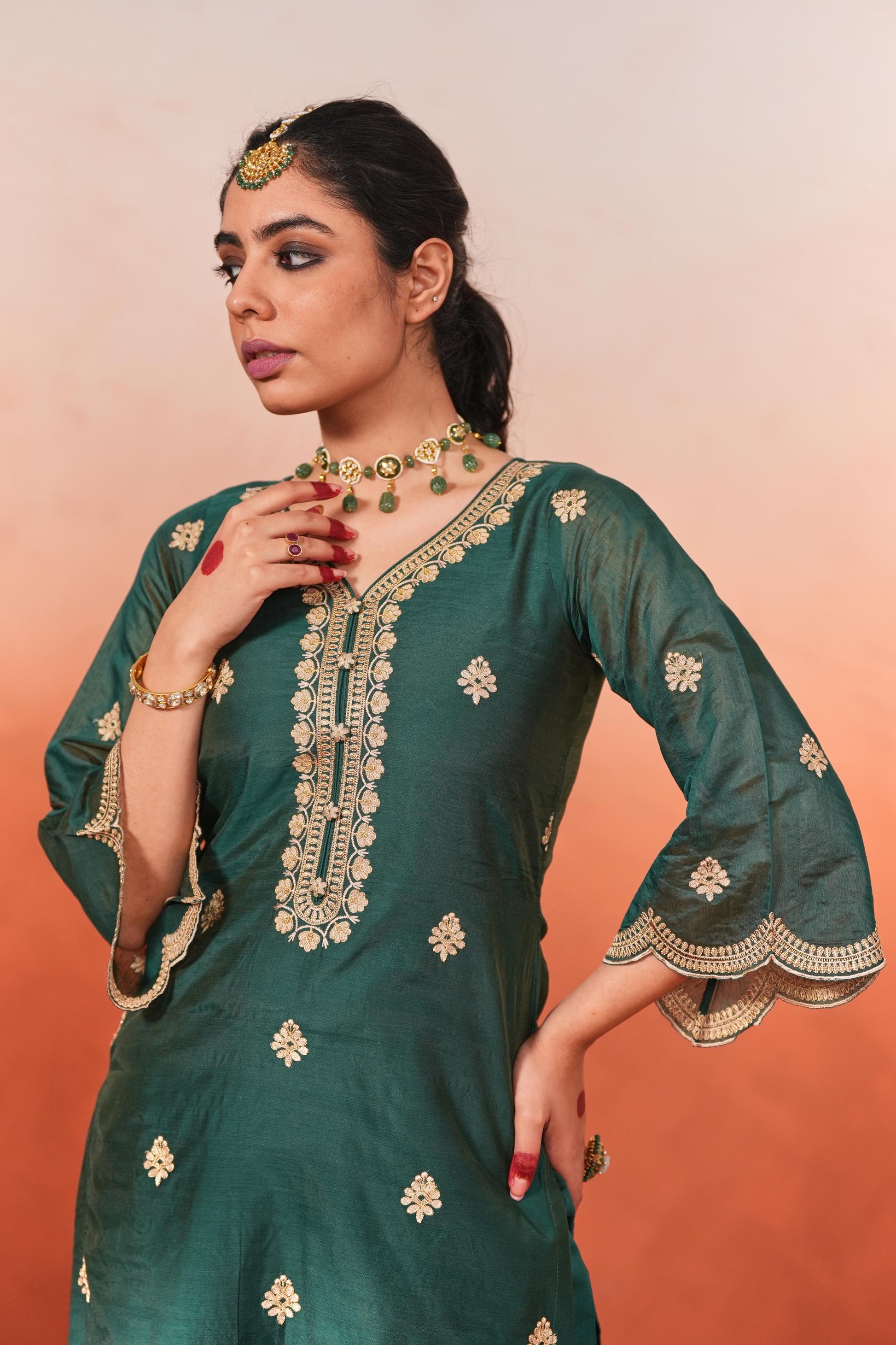 Taazgi - Green Embroidered Chanderi Suit Set- NV
