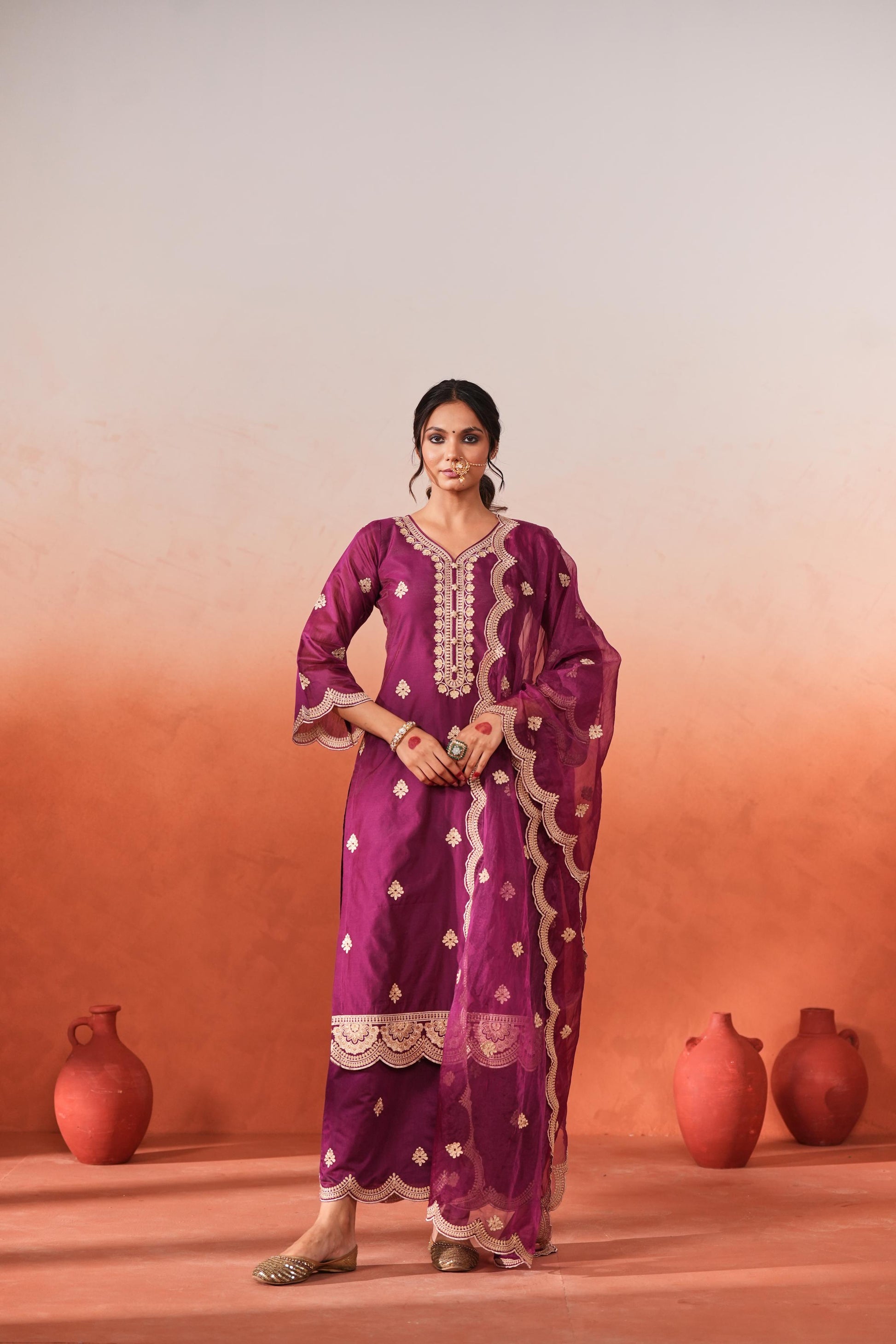Raatrani - Wine Embroidered Chanderi Suit Set- NV