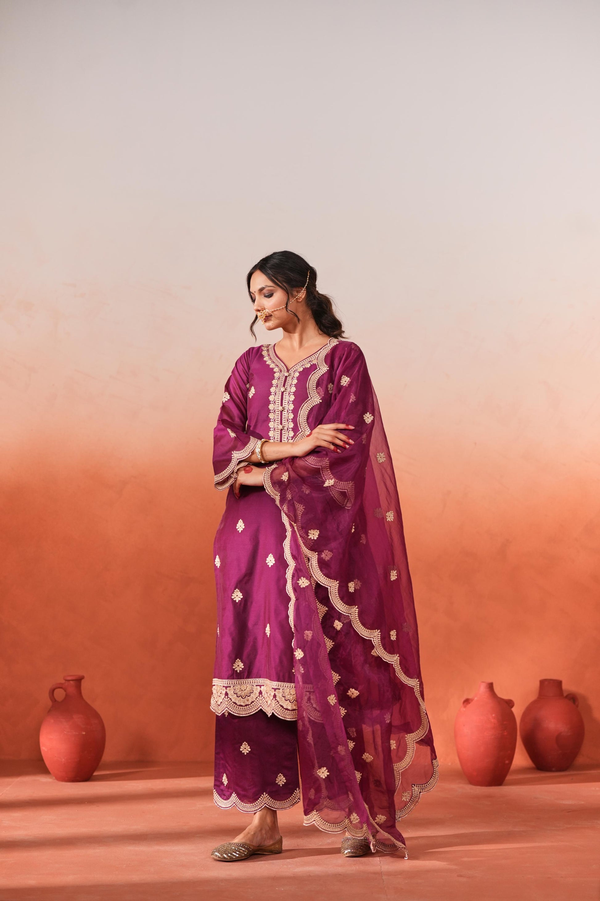 Raatrani - Wine Embroidered Chanderi Suit Set- NV