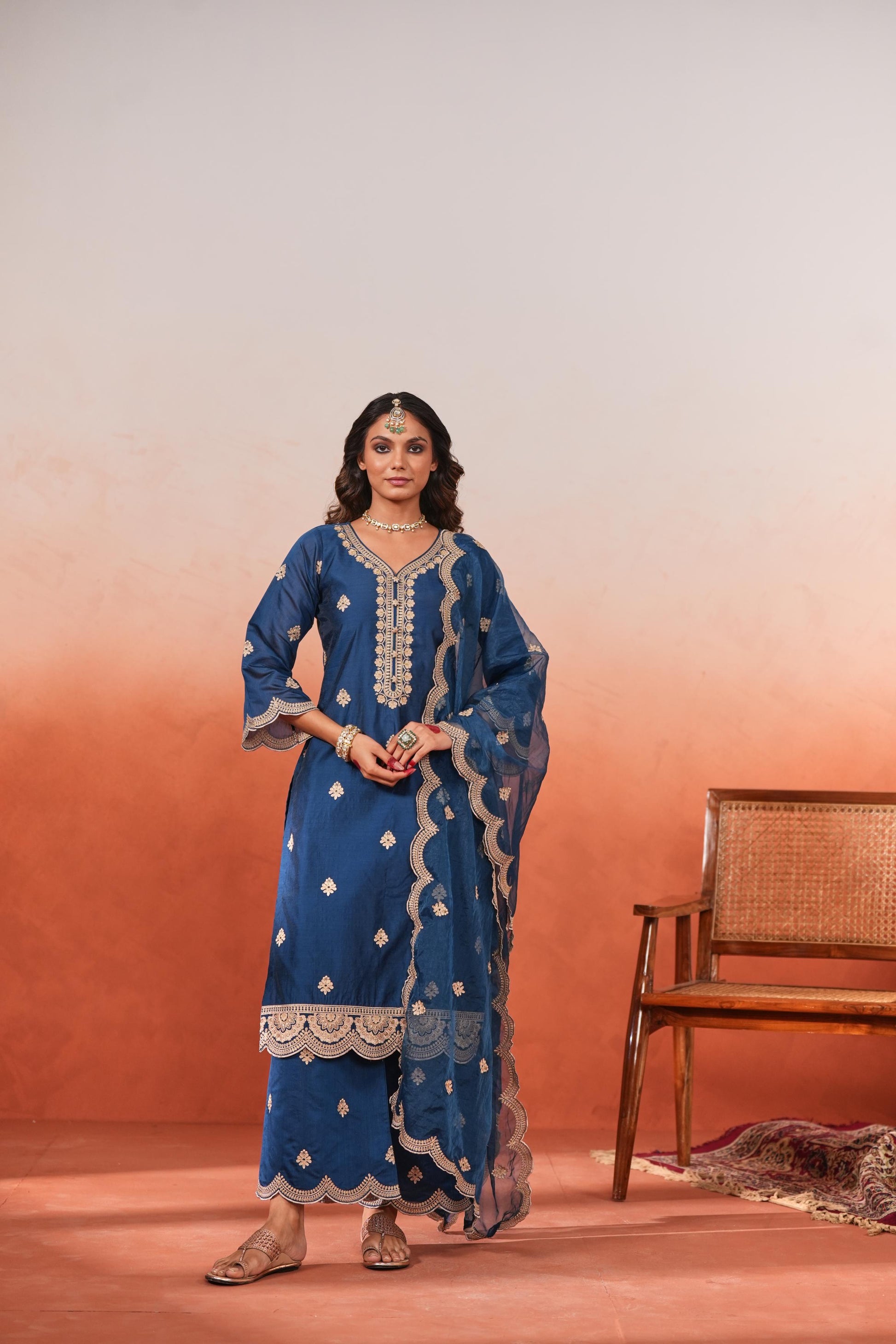Gul- Blue Embroidered Chanderi Suit Set- NV