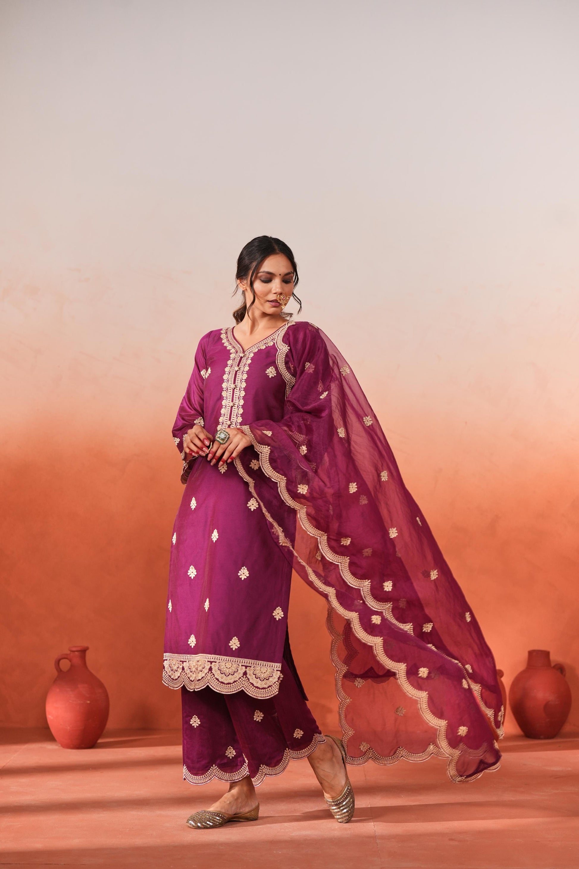 Raatrani - Wine Embroidered Chanderi Suit Set- NV