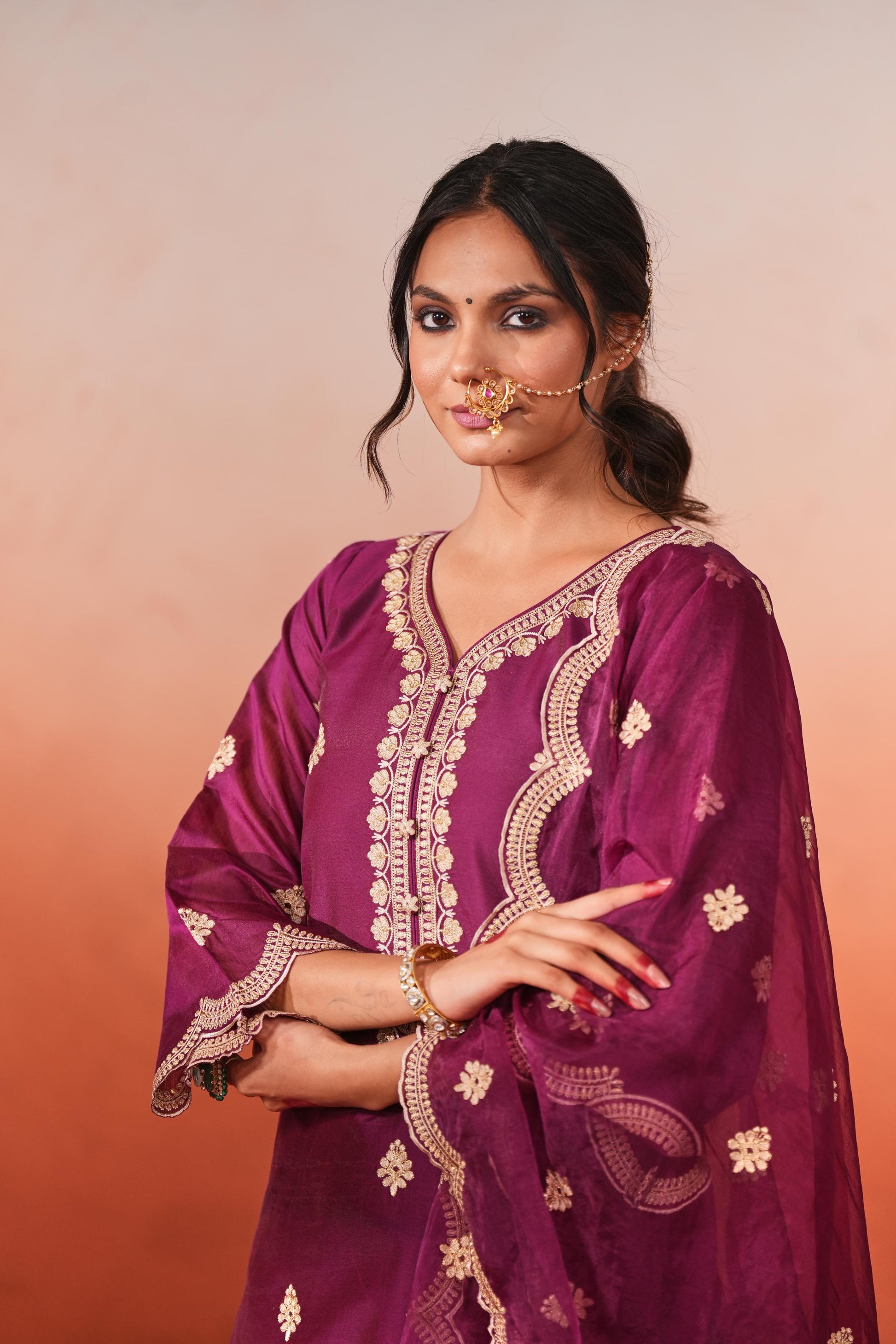 Raatrani - Wine Embroidered Chanderi Suit Set- NV