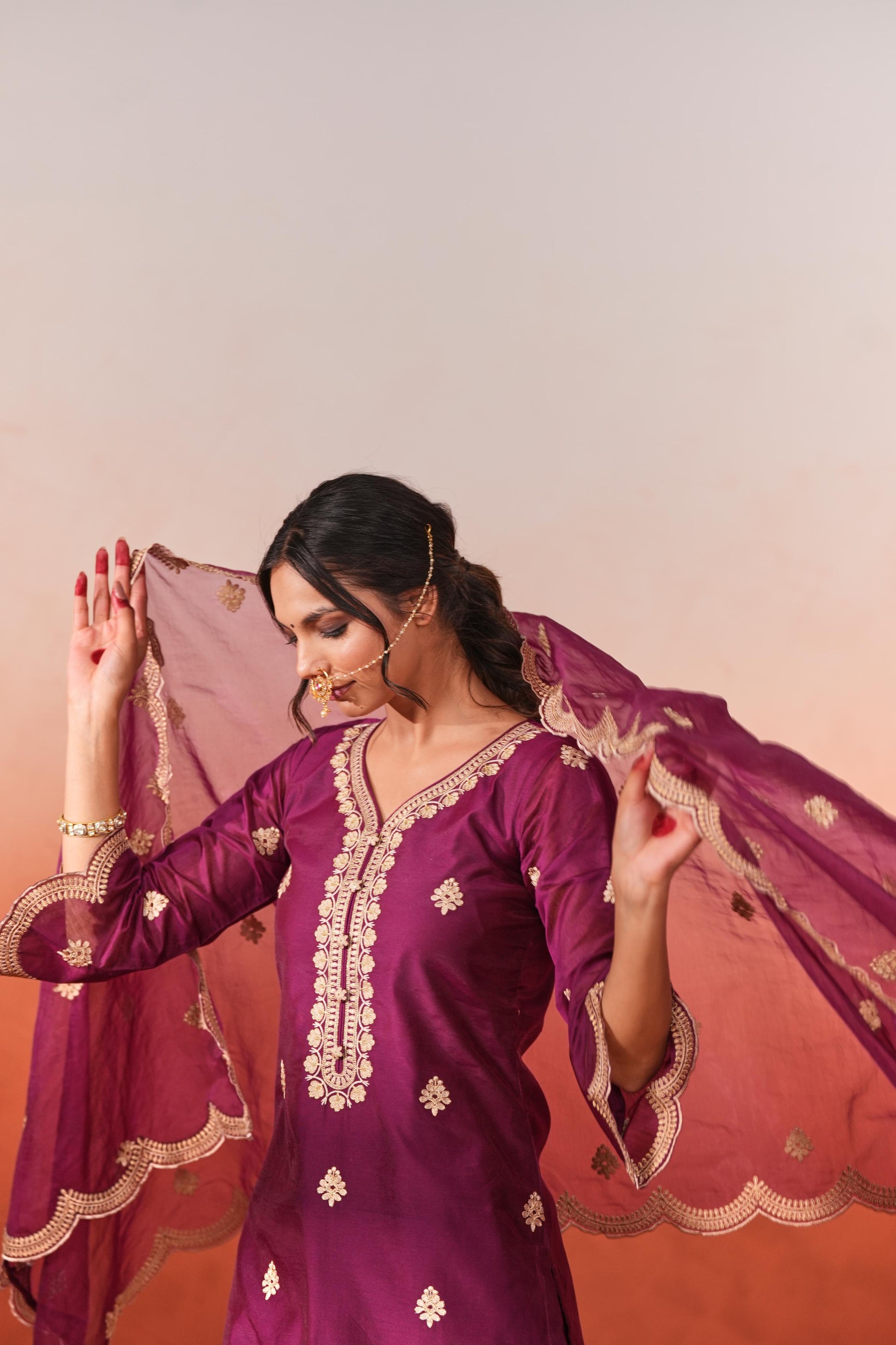 Raatrani - Wine Embroidered Chanderi Suit Set- NV