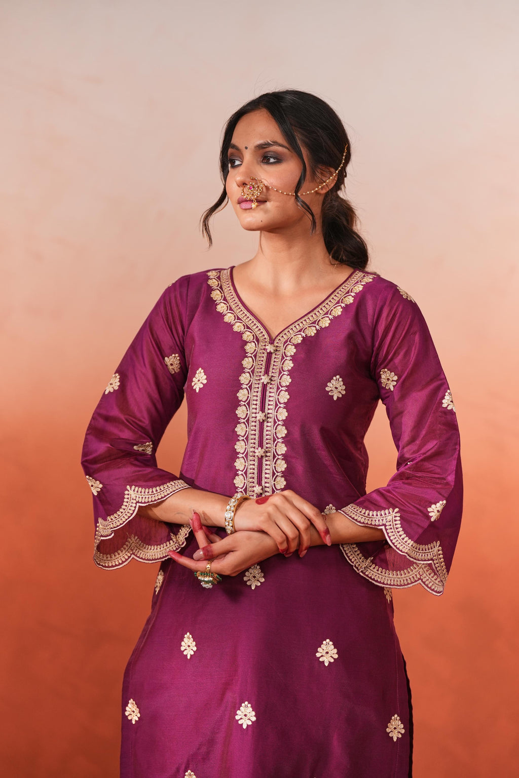 Raatrani - Wine Embroidered Chanderi Suit Set- NV