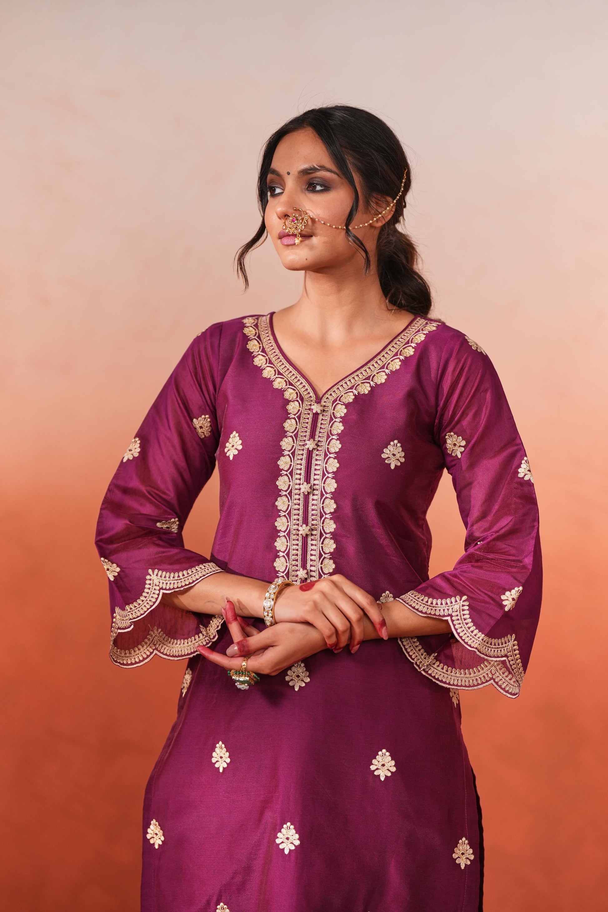 Raatrani - Wine Embroidered Chanderi Suit Set- NV