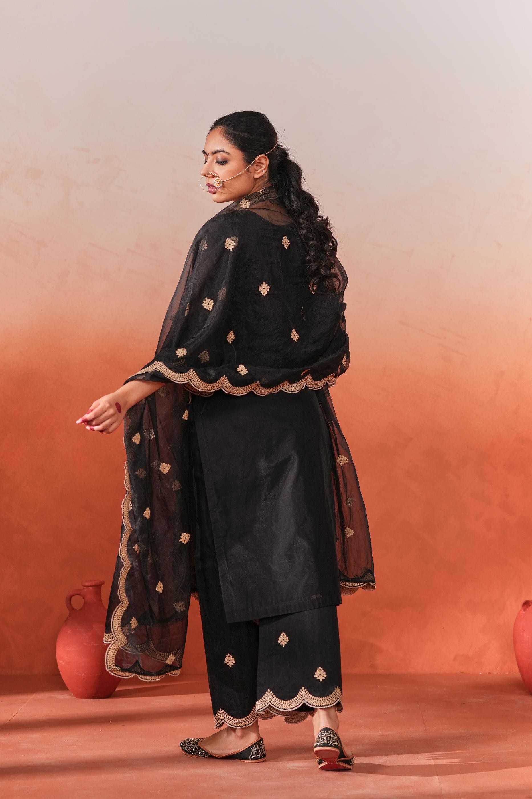 Rangraas - Black embroidered Chanderi silk suit set- NV