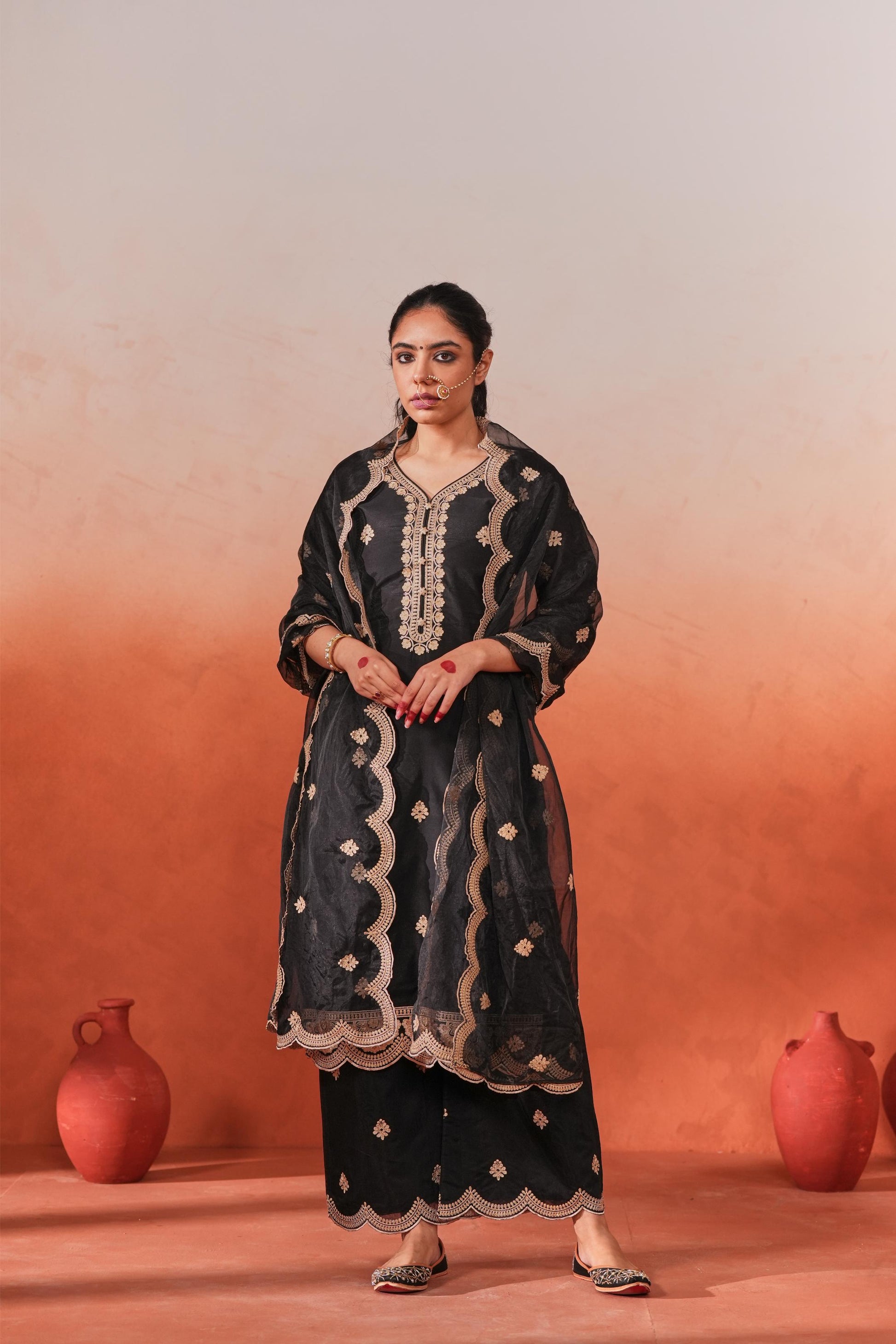 Rangraas - Black embroidered Chanderi silk suit set- NV