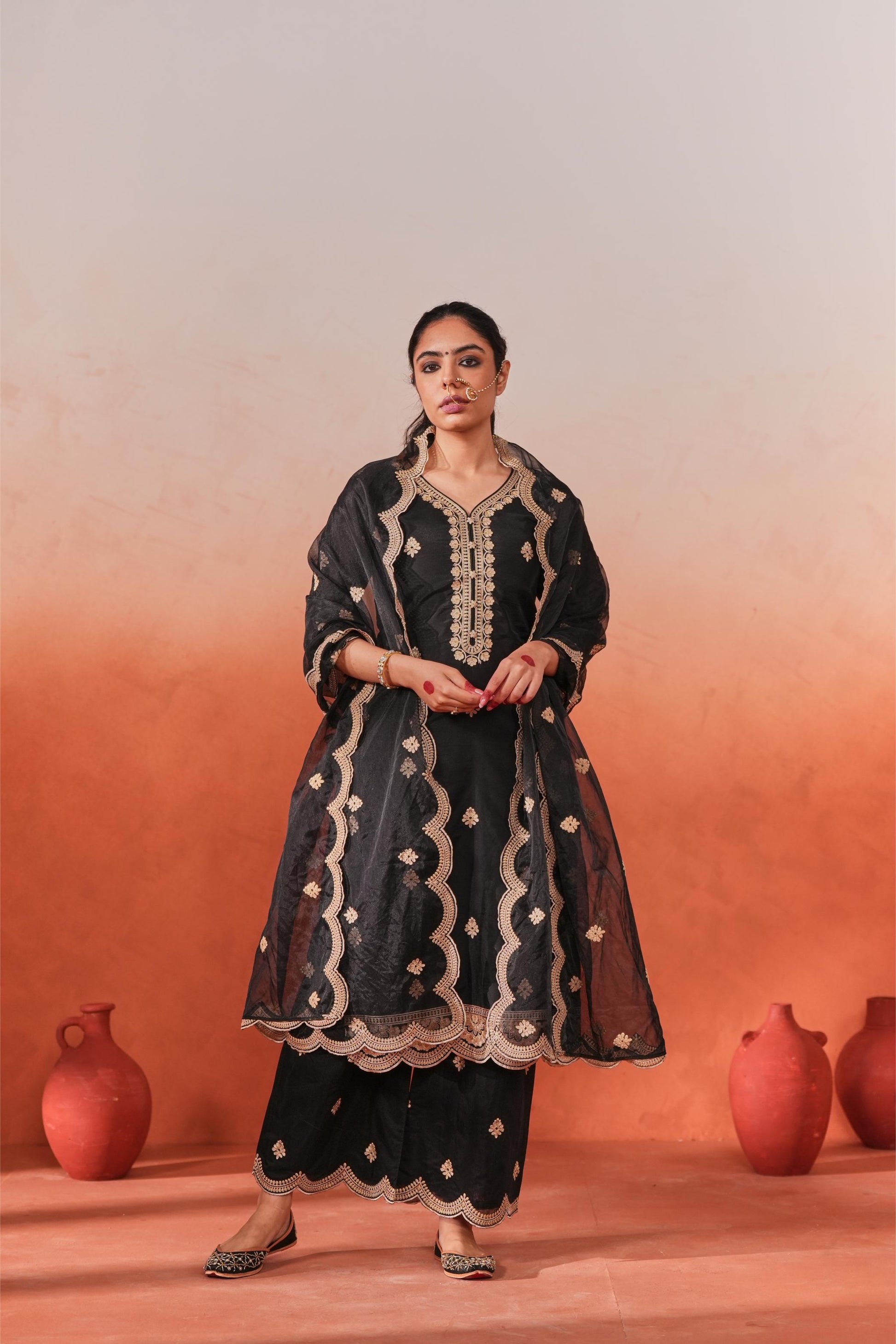 Rangraas - Black embroidered Chanderi silk suit set- NV