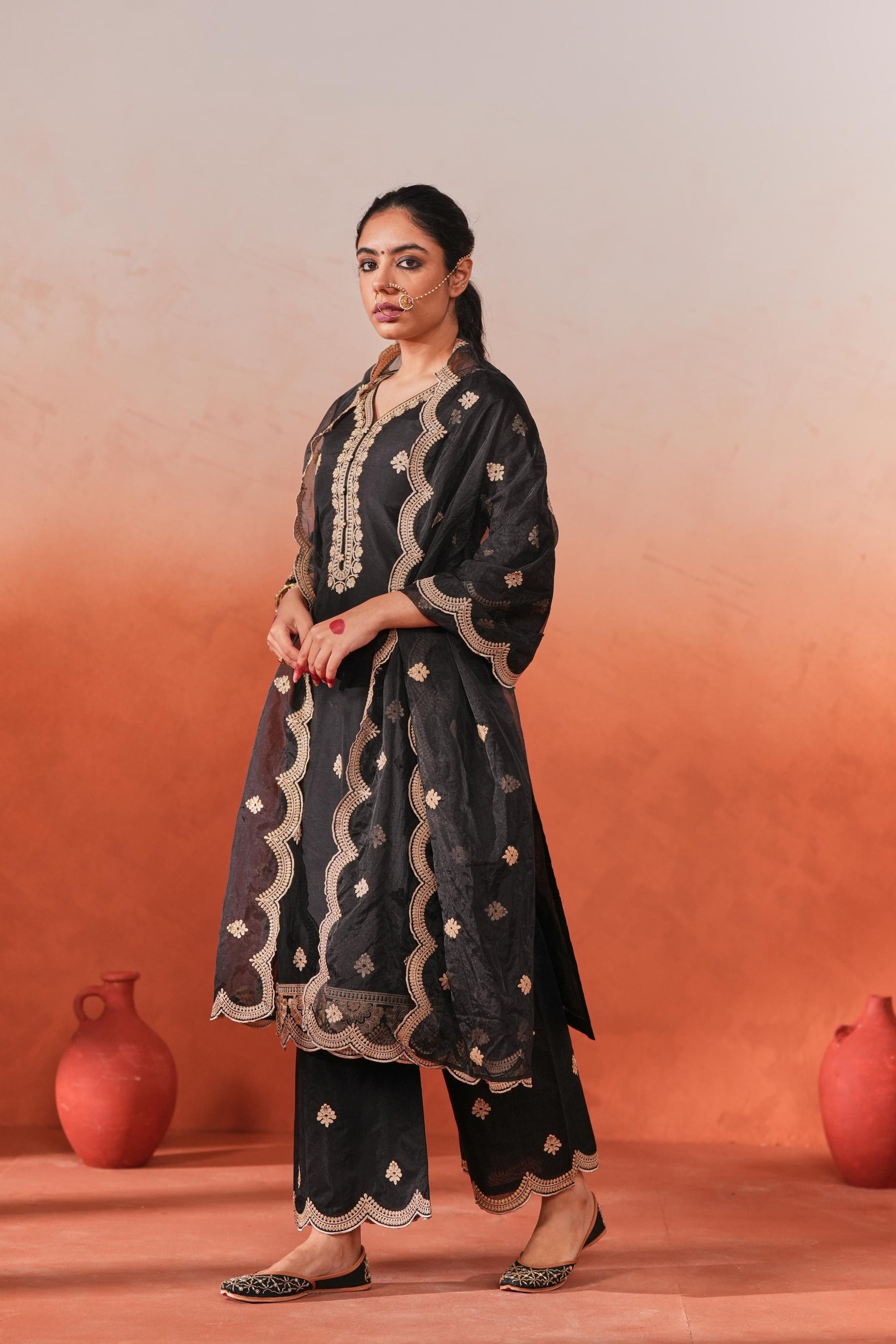 Rangraas - Black embroidered Chanderi silk suit set- NV