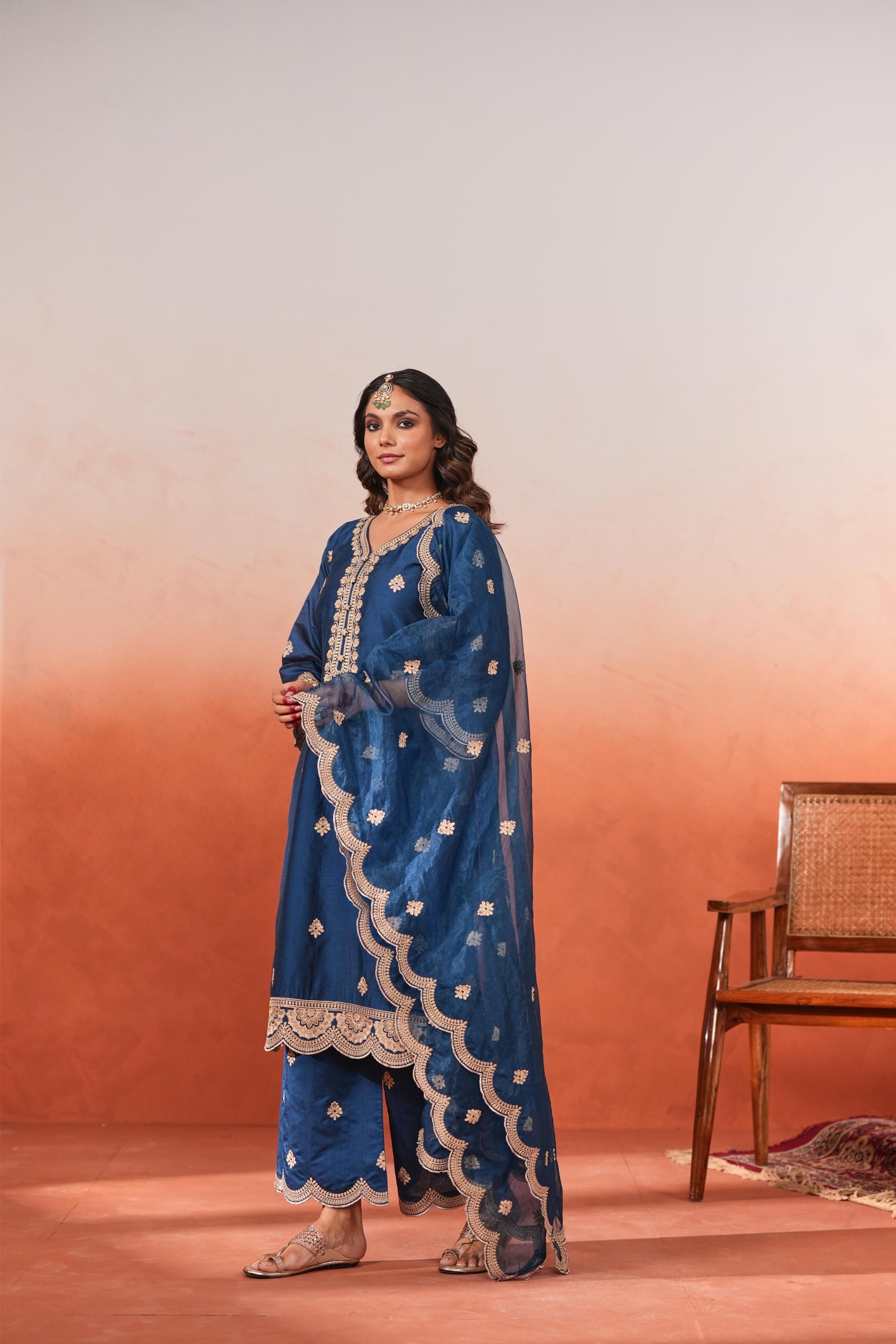 Gul- Blue Embroidered Chanderi Suit Set- NV