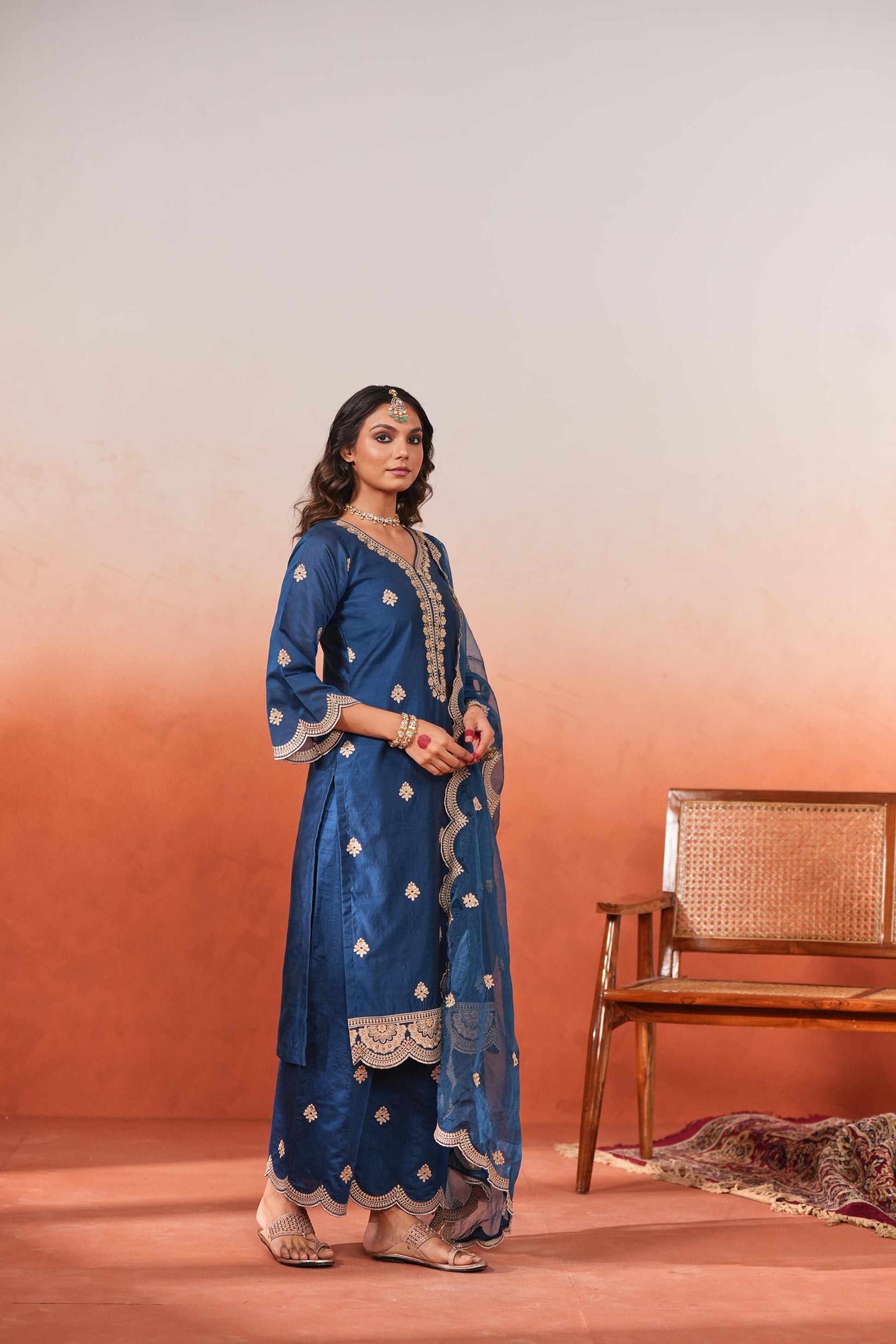Gul- Blue Embroidered Chanderi Suit Set- NV