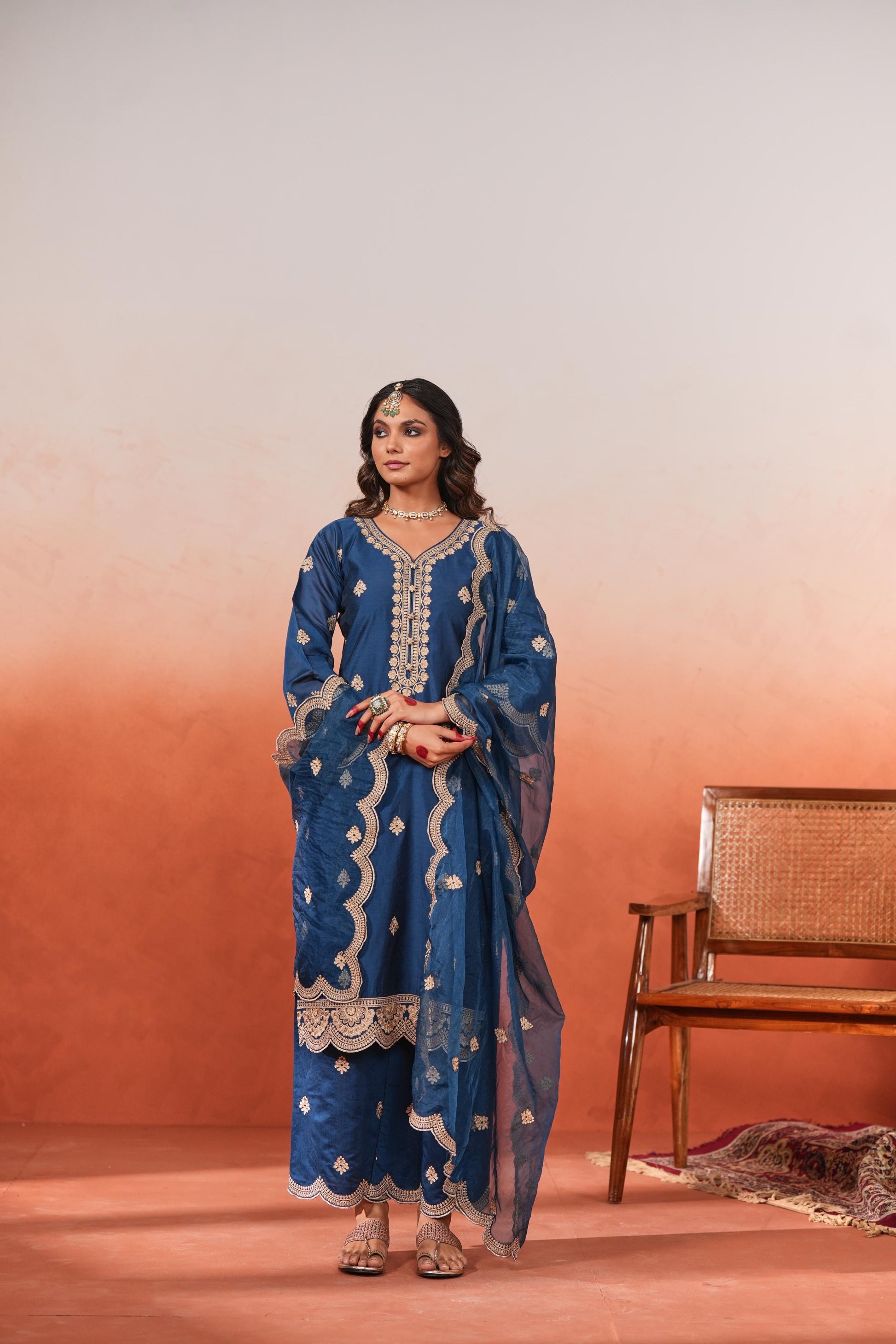 Gul- Blue Embroidered Chanderi Suit Set- NV