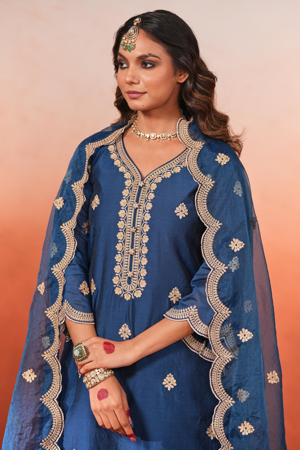 Gul- Blue Embroidered Chanderi Suit Set- NV