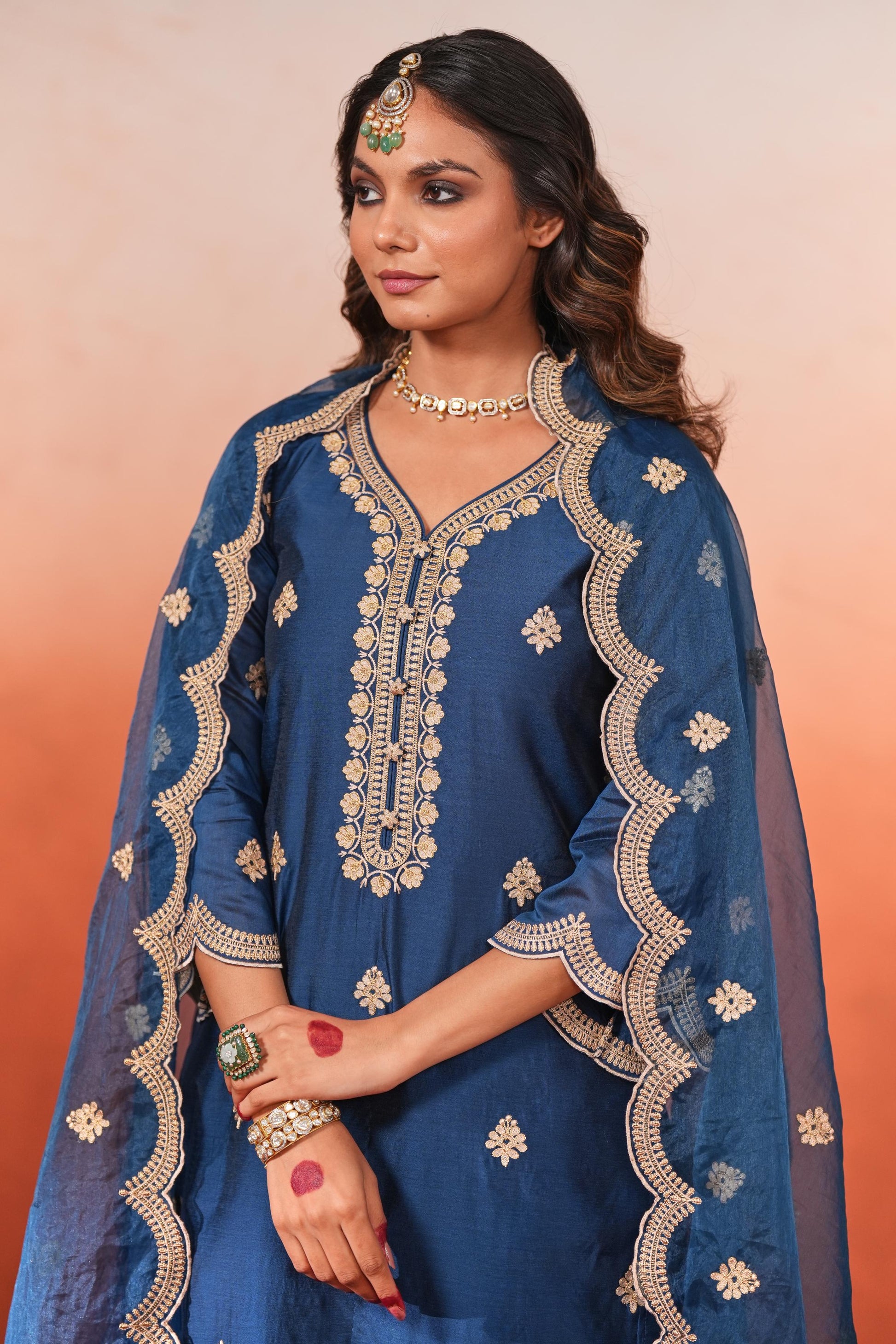 Gul- Blue Embroidered Chanderi Suit Set- NV