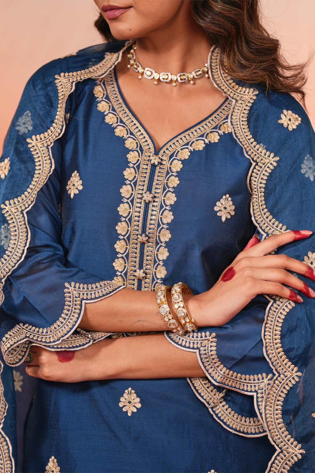 Gul- Blue Embroidered Chanderi Suit Set- NV