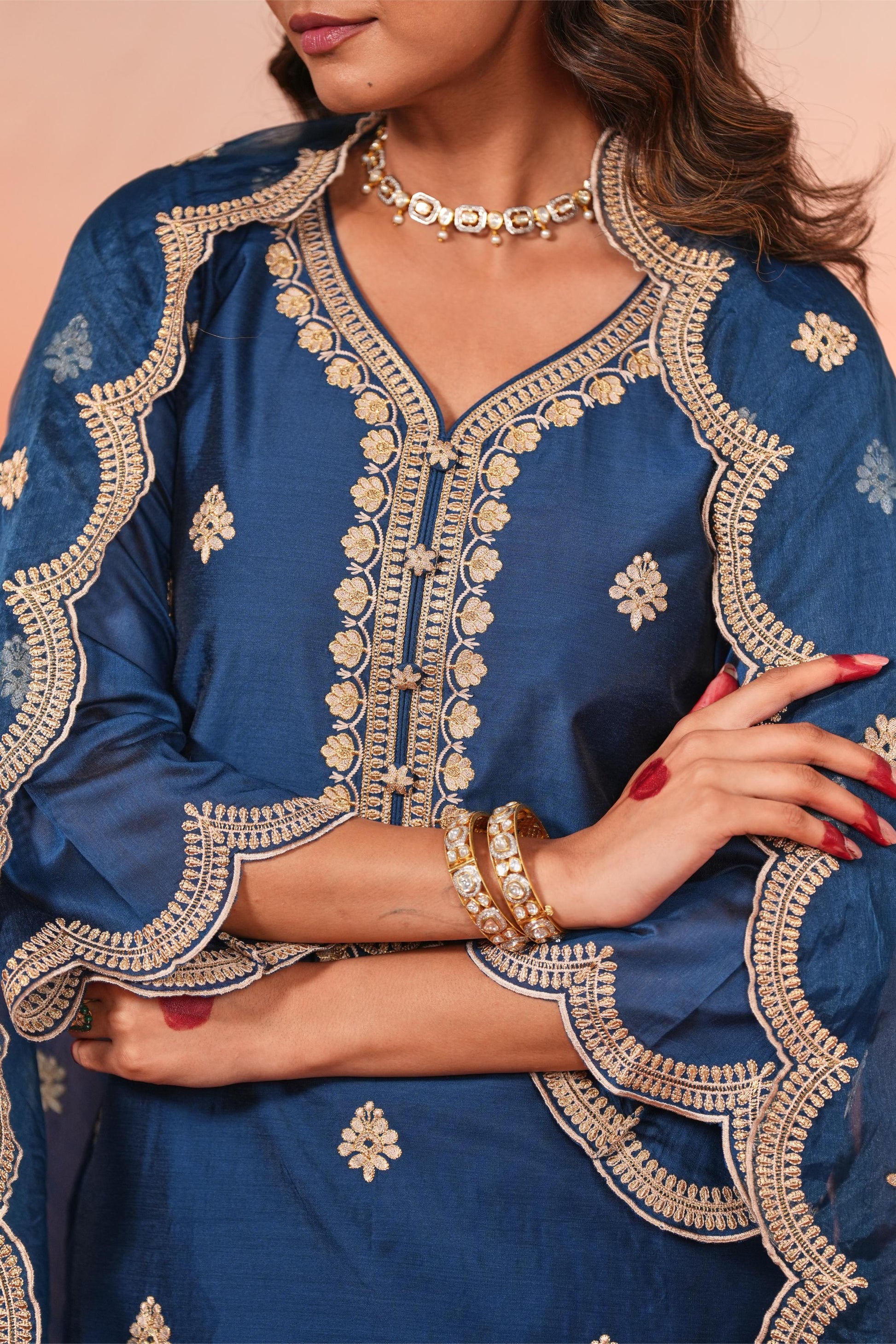 Gul- Blue Embroidered Chanderi Suit Set- NV
