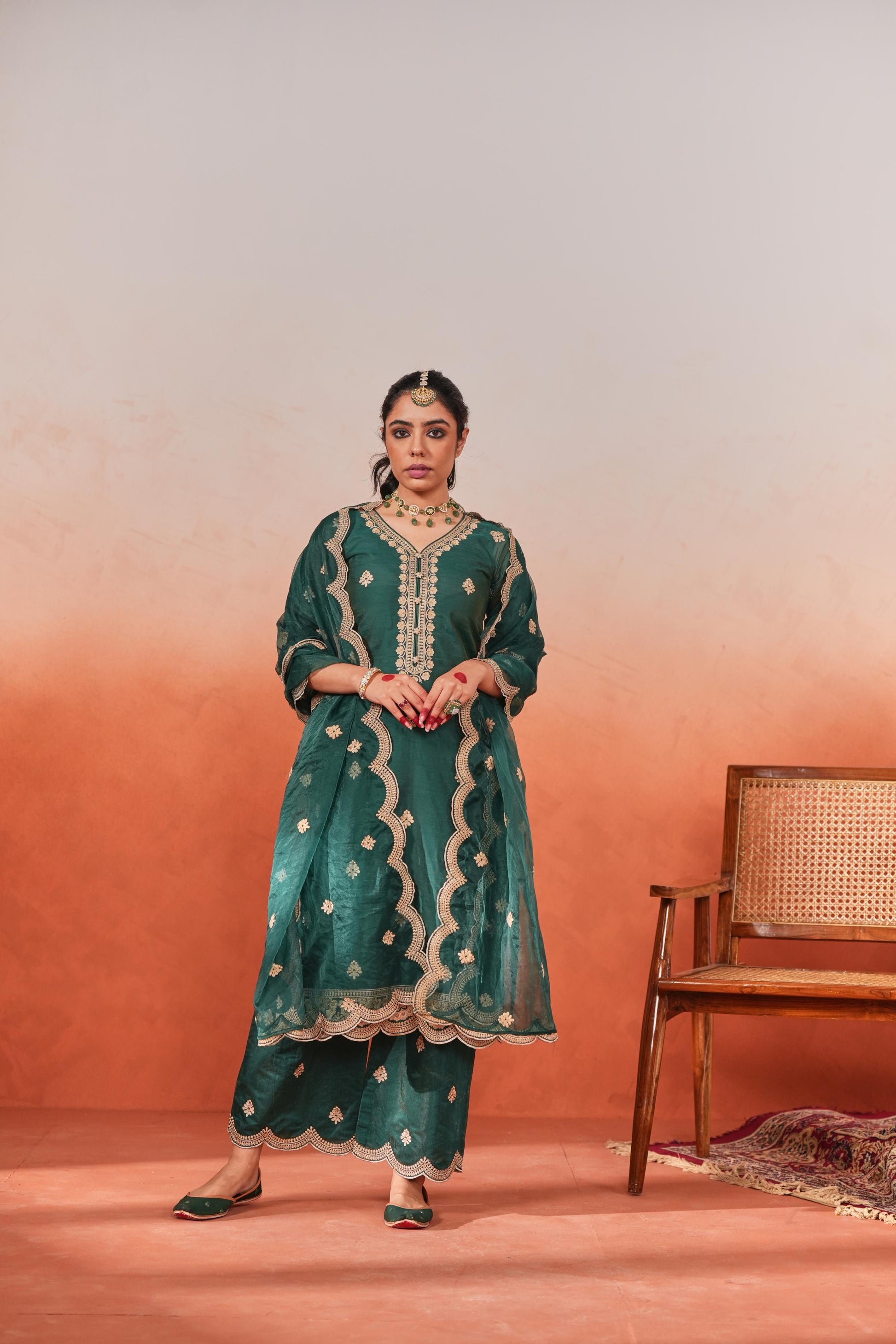 Taazgi - Green Embroidered Chanderi Suit Set- NV