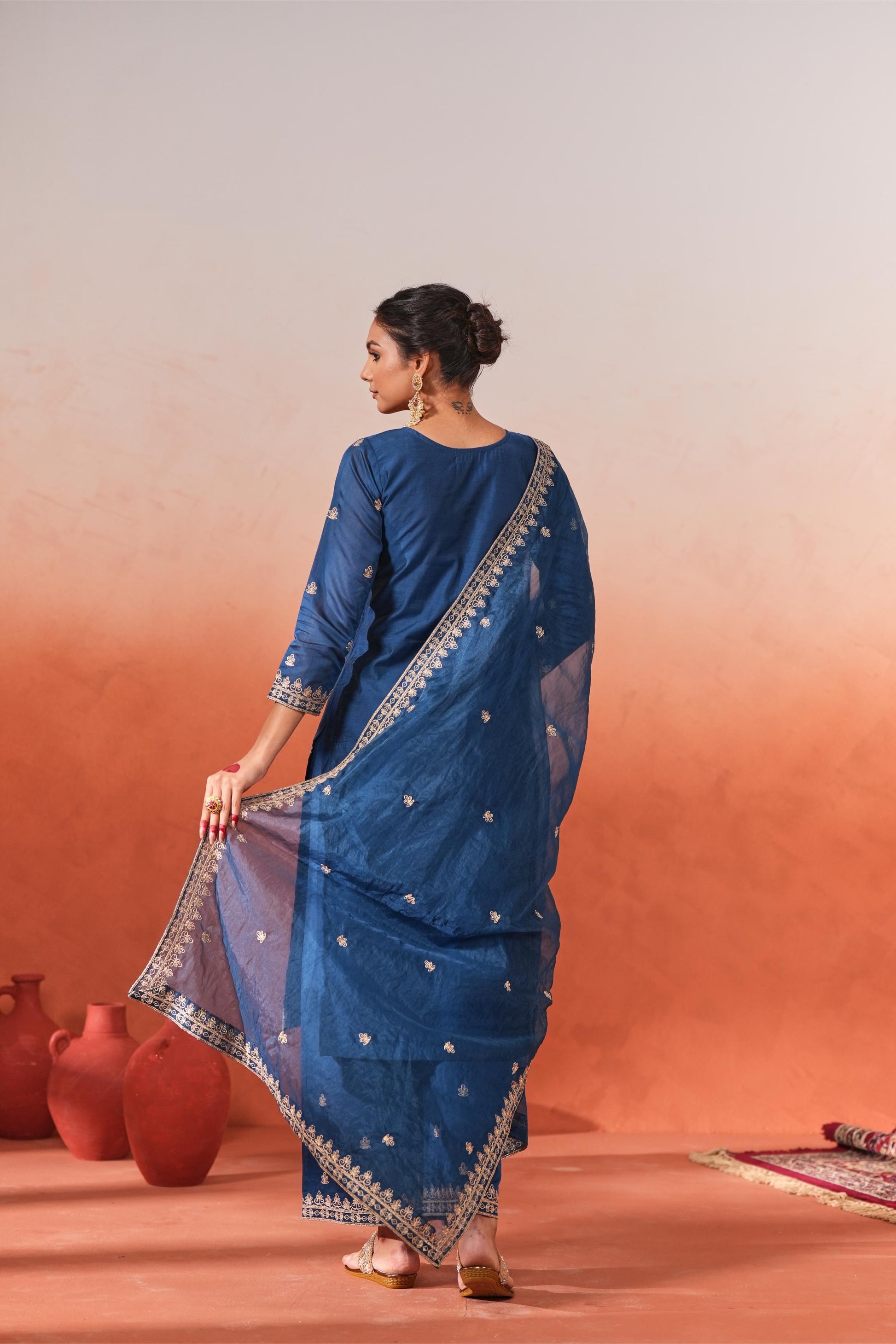 Gulzaar - Blue Chanderi Embroidered Suit Set- NV
