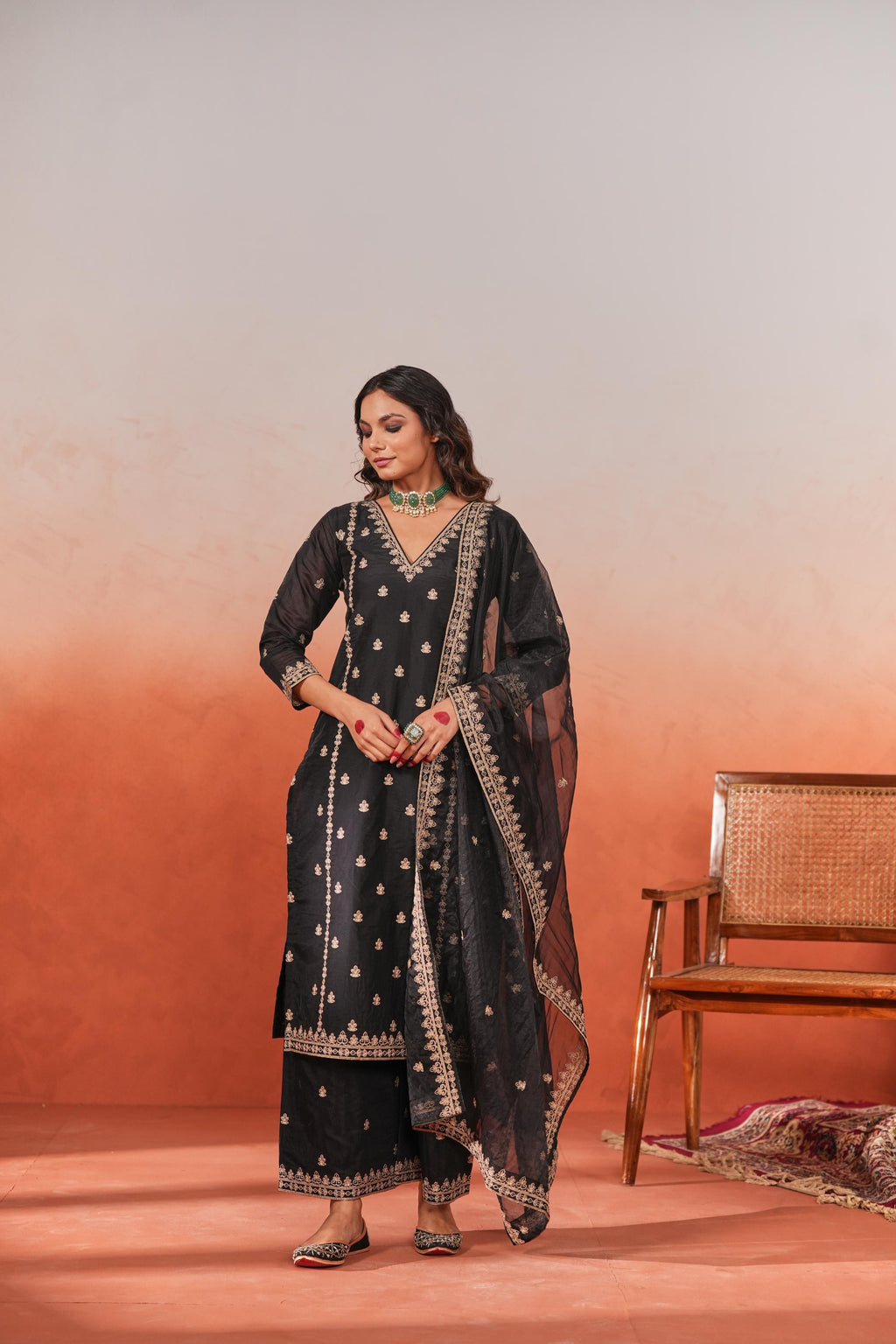 Fannah - Black Chanderi Embroidered Suit Set- NV