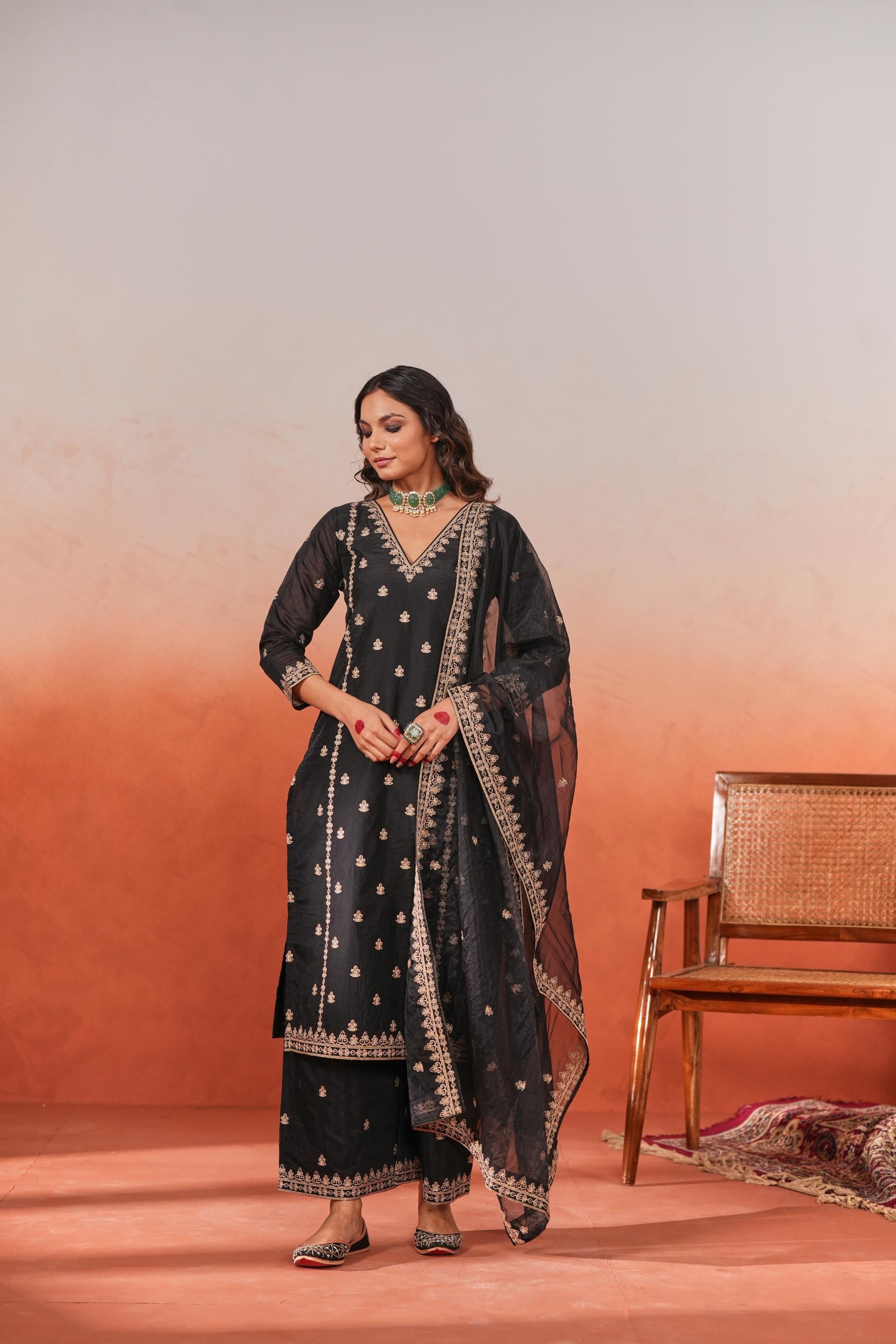 Fannah - Black Chanderi Embroidered Suit Set- NV