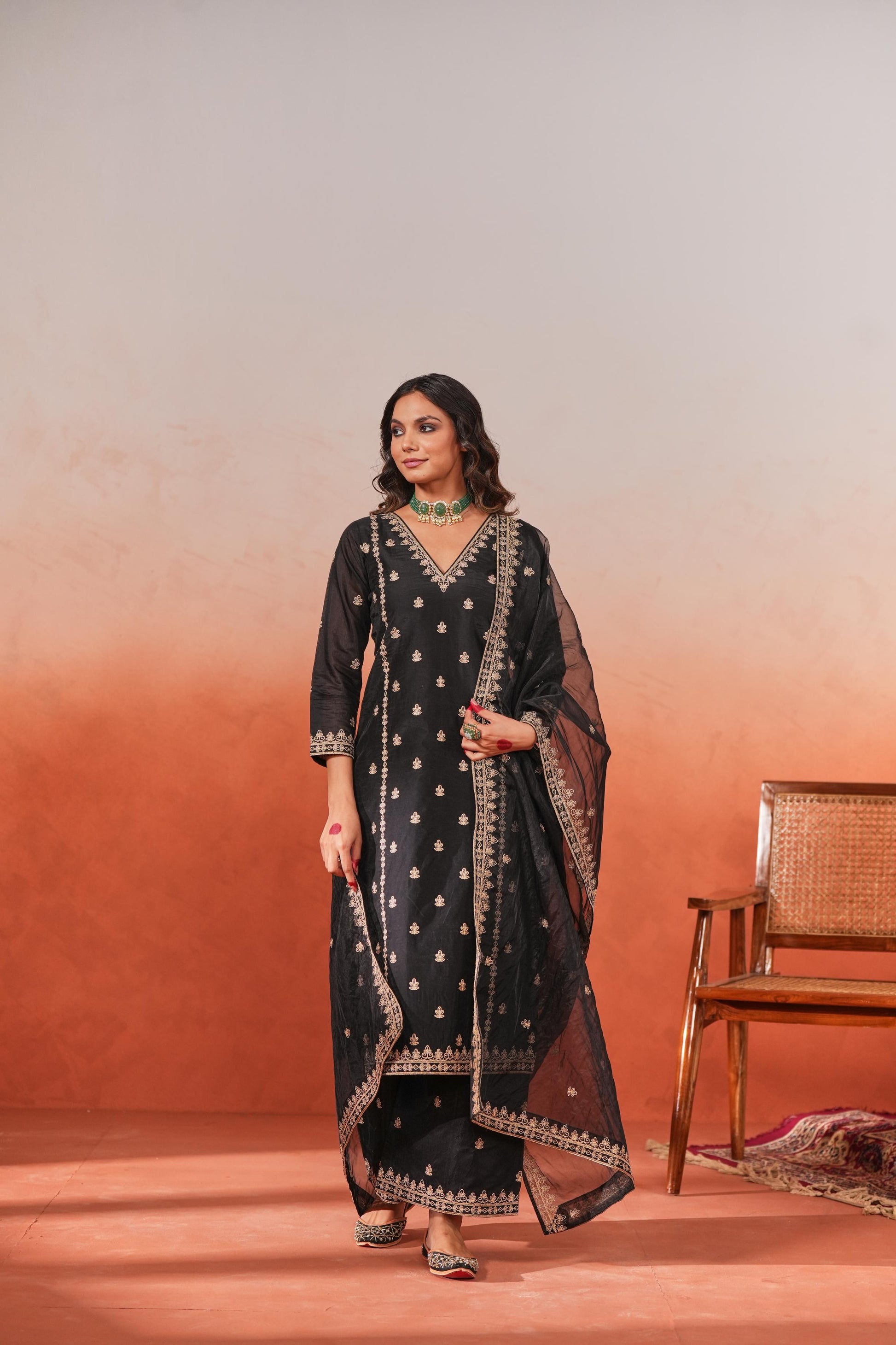Fannah - Black Chanderi Embroidered Suit Set- NV