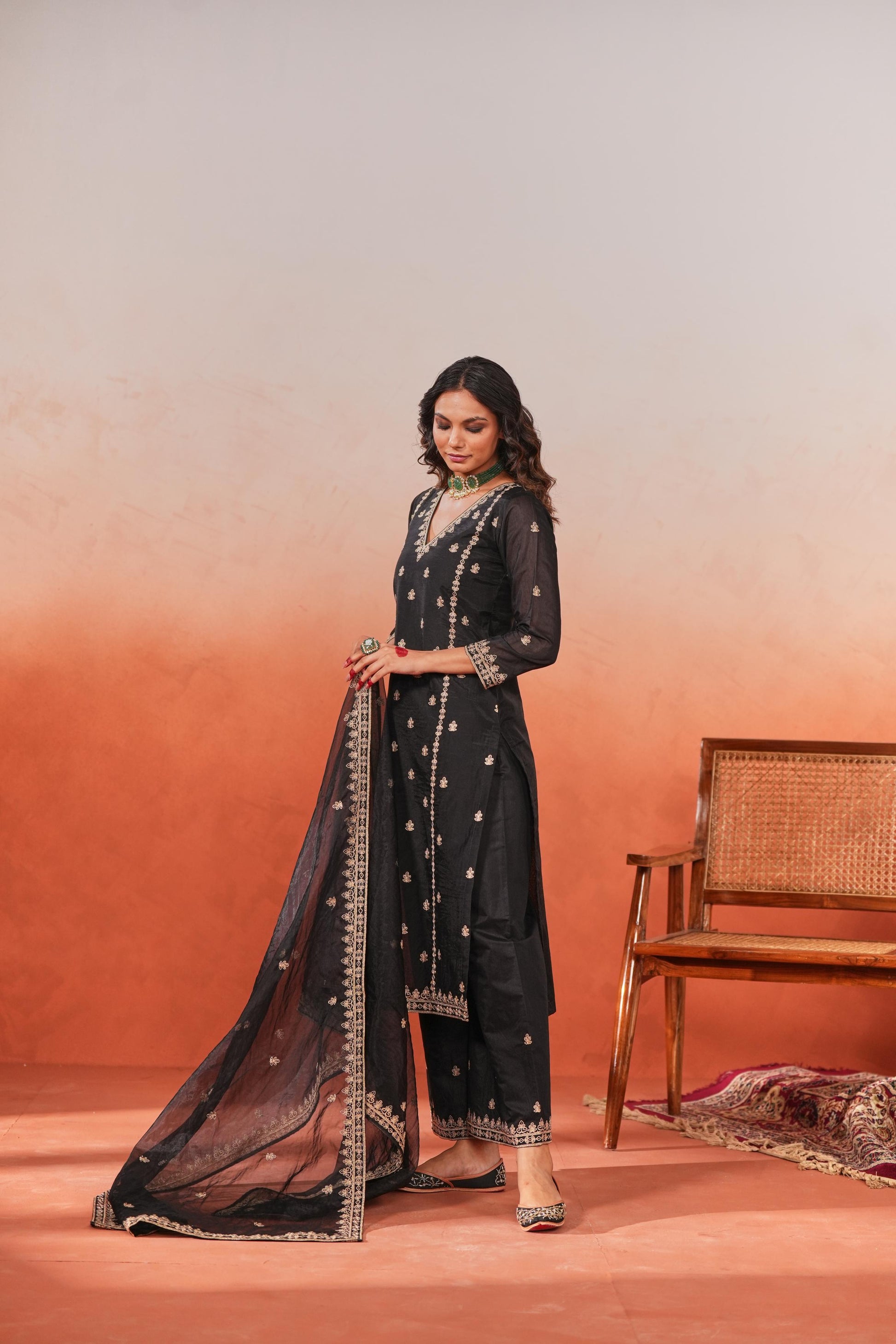 Fannah - Black Chanderi Embroidered Suit Set- NV