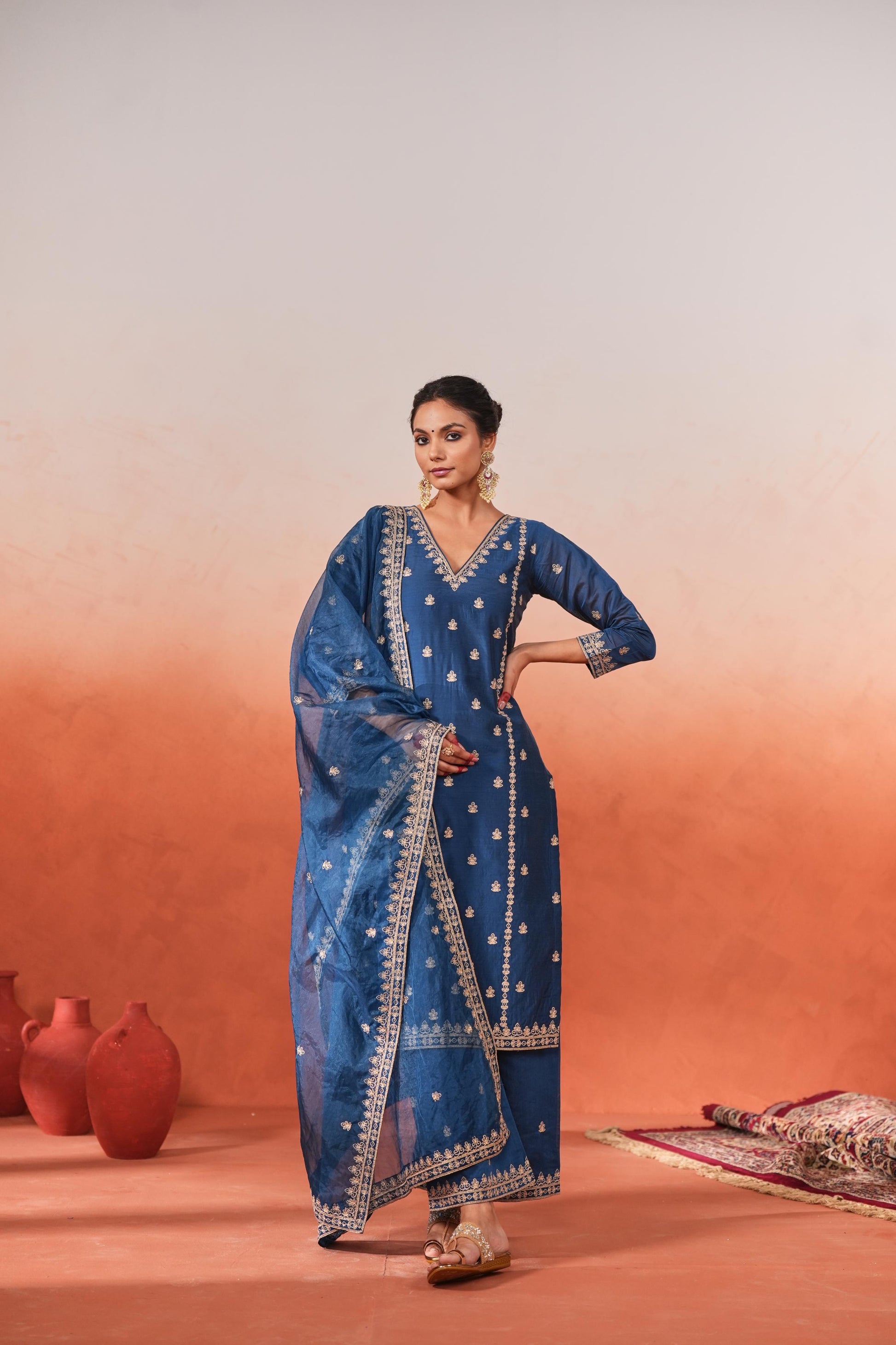 Gulzaar - Blue Chanderi Embroidered Suit Set- NV