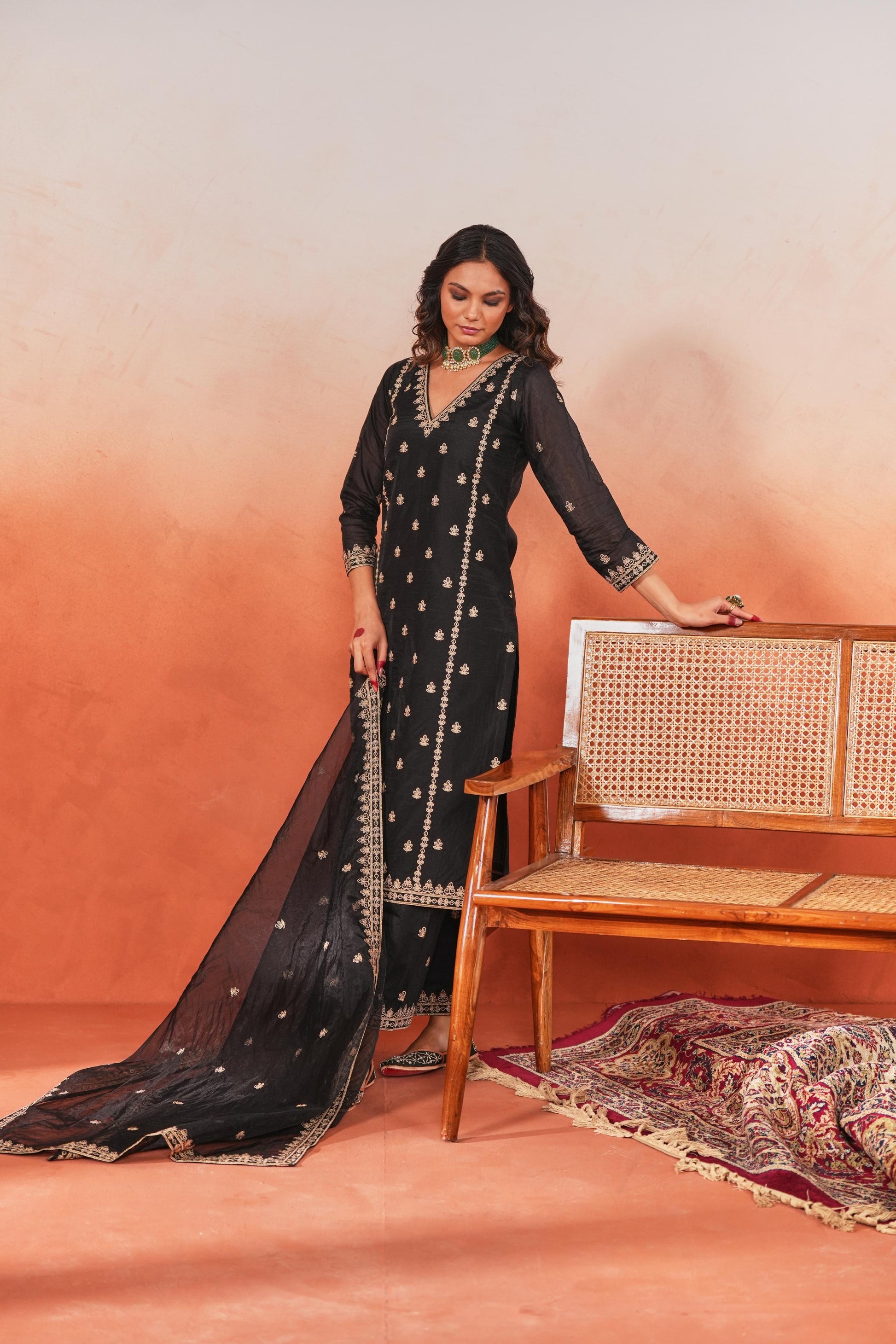 Fannah - Black Chanderi Embroidered Suit Set- NV