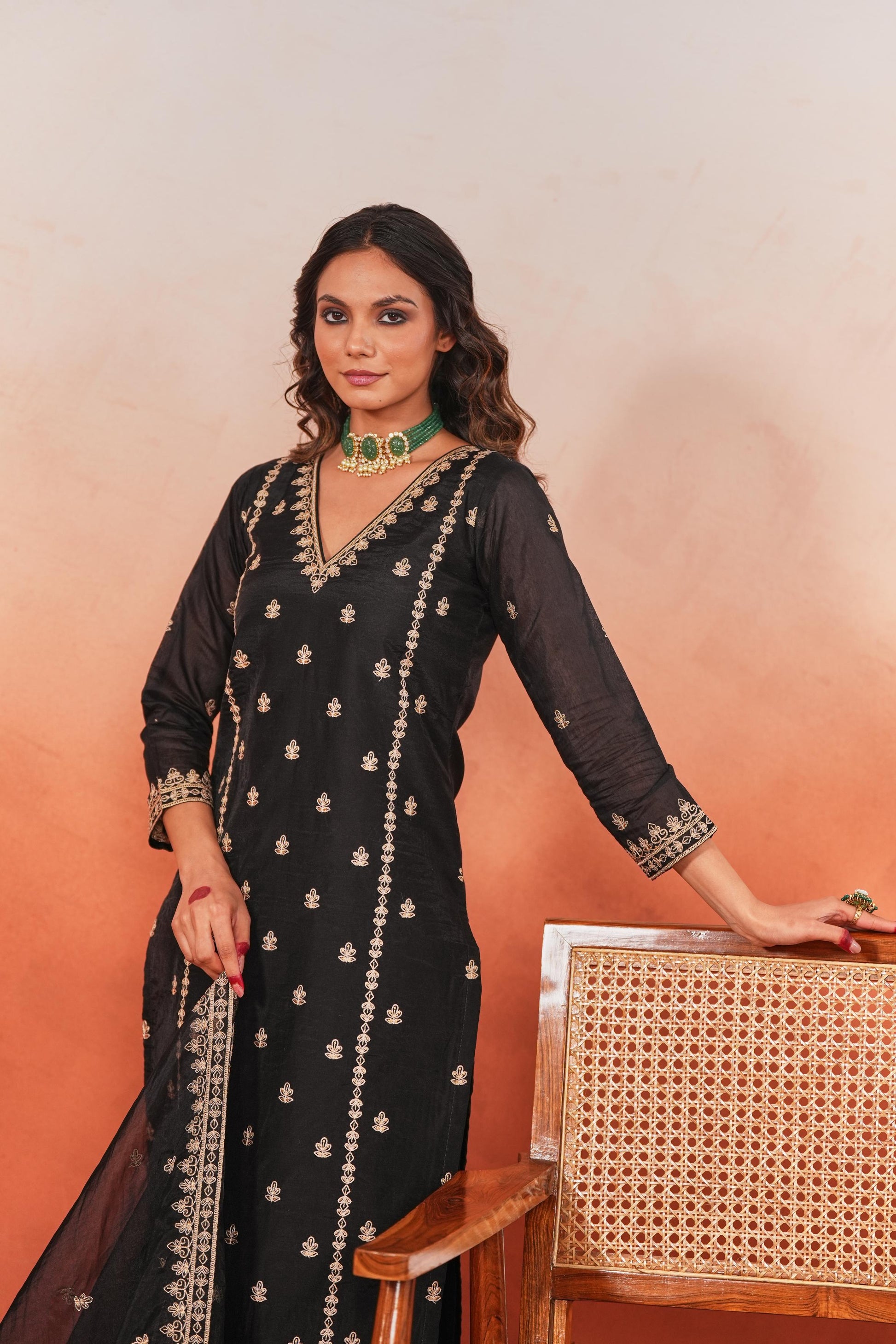 Fannah - Black Chanderi Embroidered Suit Set- NV